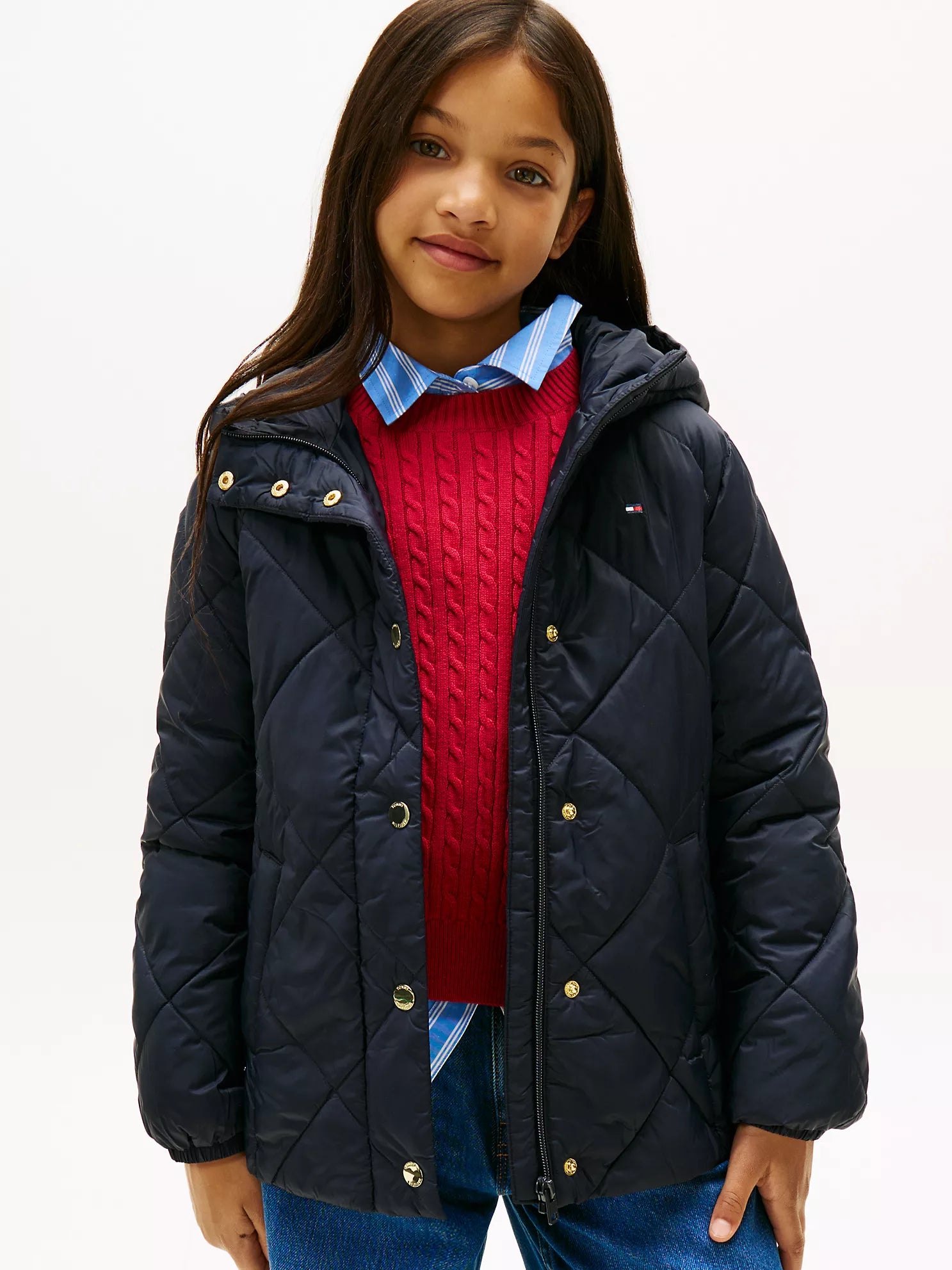 TOMMY Girls Kids' Quilted Hooded Puffer Jacket Navy Blue
