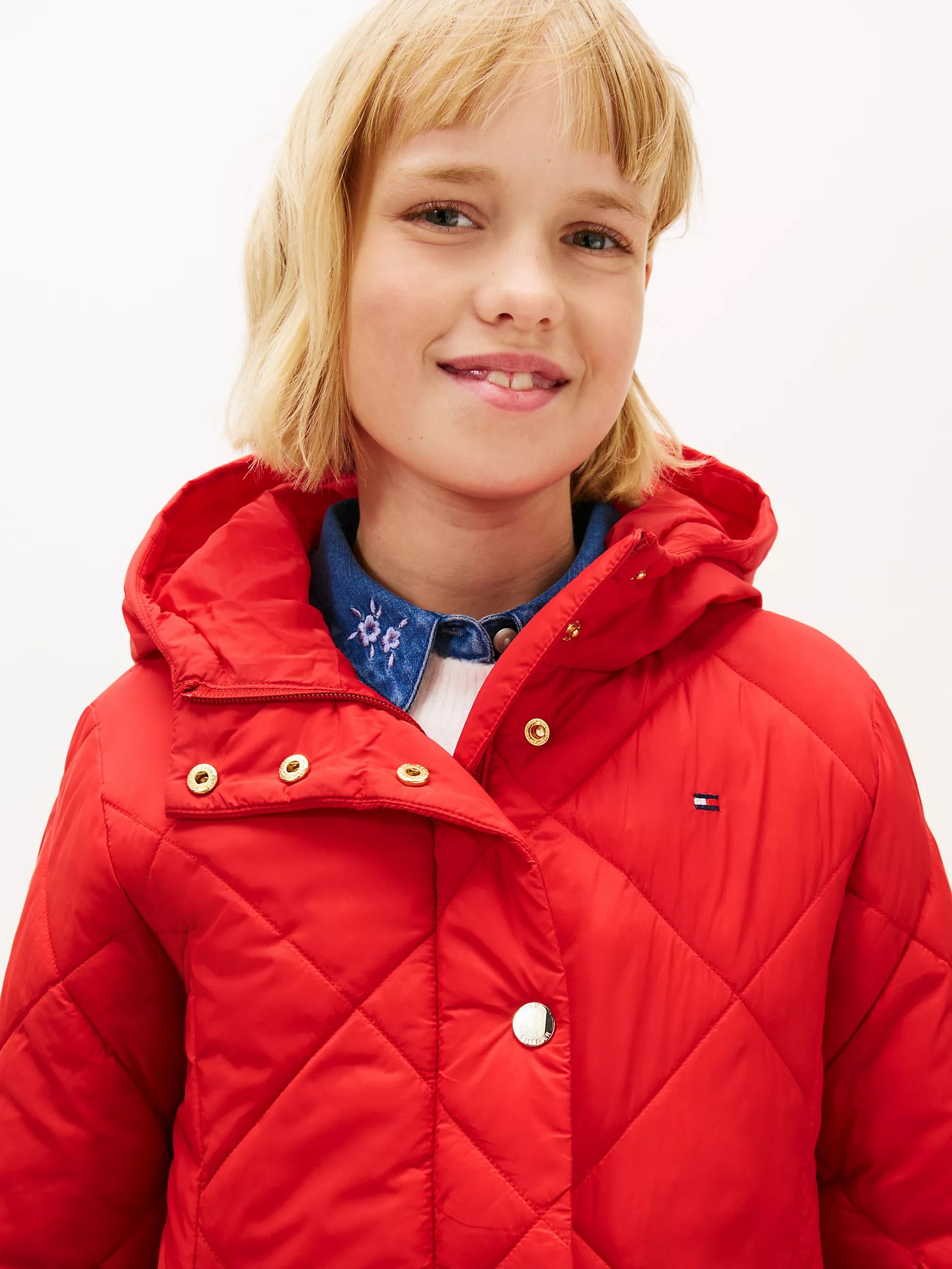 TOMMY Girls Kids' Quilted Hooded Puffer Jacket Deep Crimson