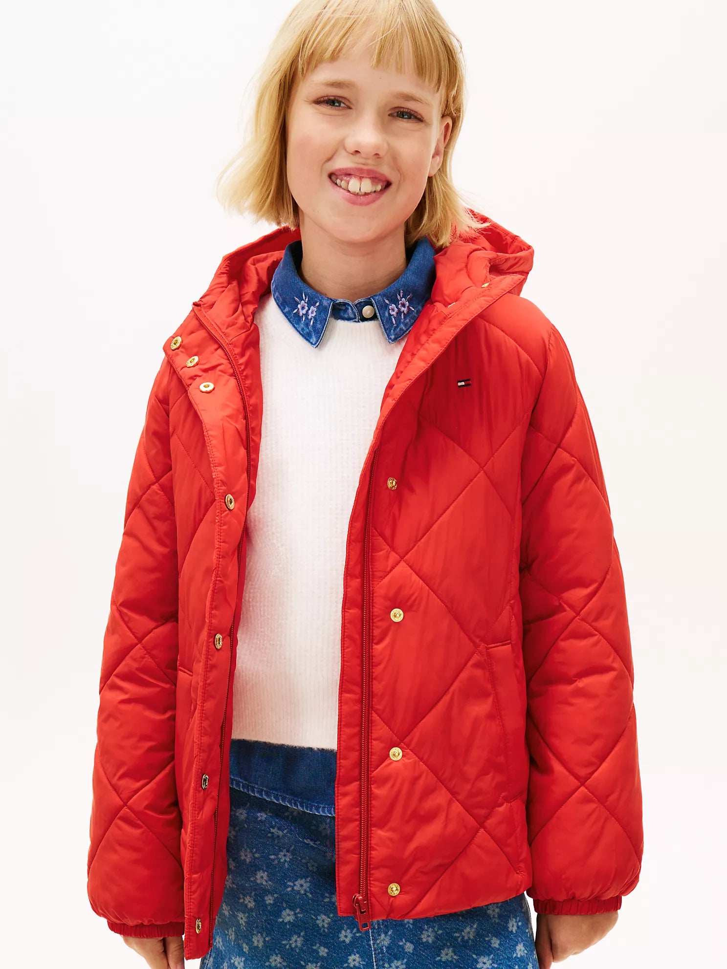 TOMMY Girls Kids' Quilted Hooded Puffer Jacket Deep Crimson