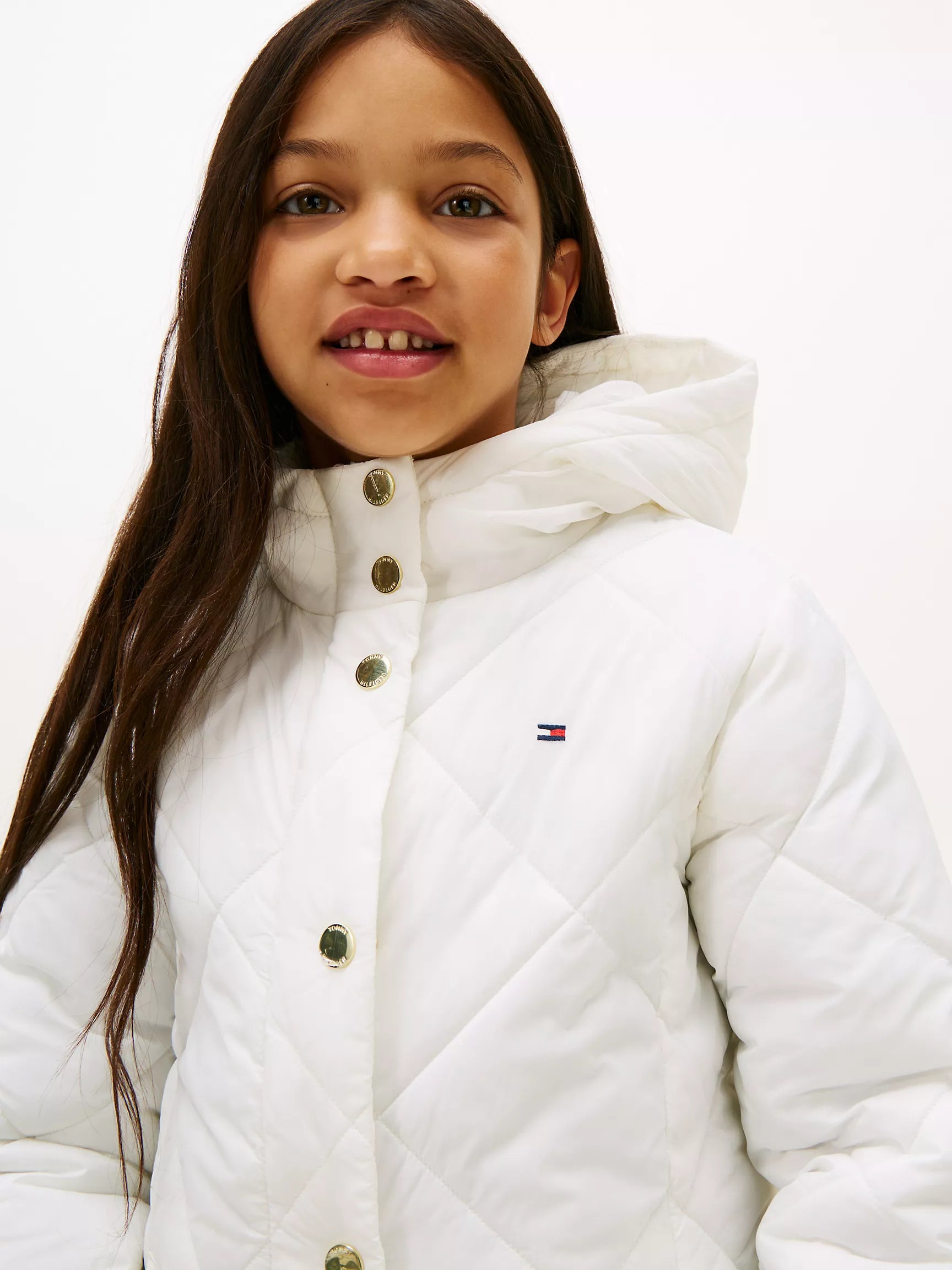 TOMMY Girls Kids' Quilted Hooded Puffer Jacket Ecru