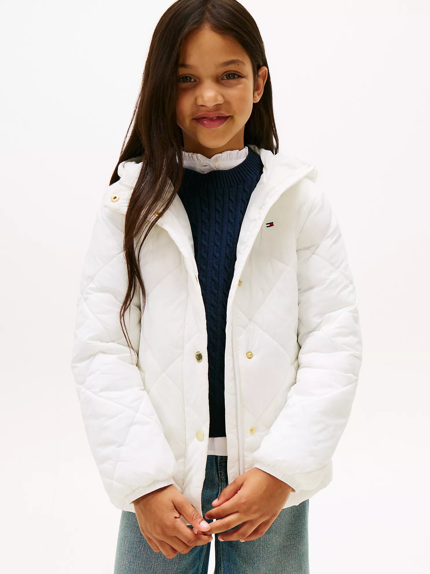 TOMMY Girls Kids' Quilted Hooded Puffer Jacket Ecru