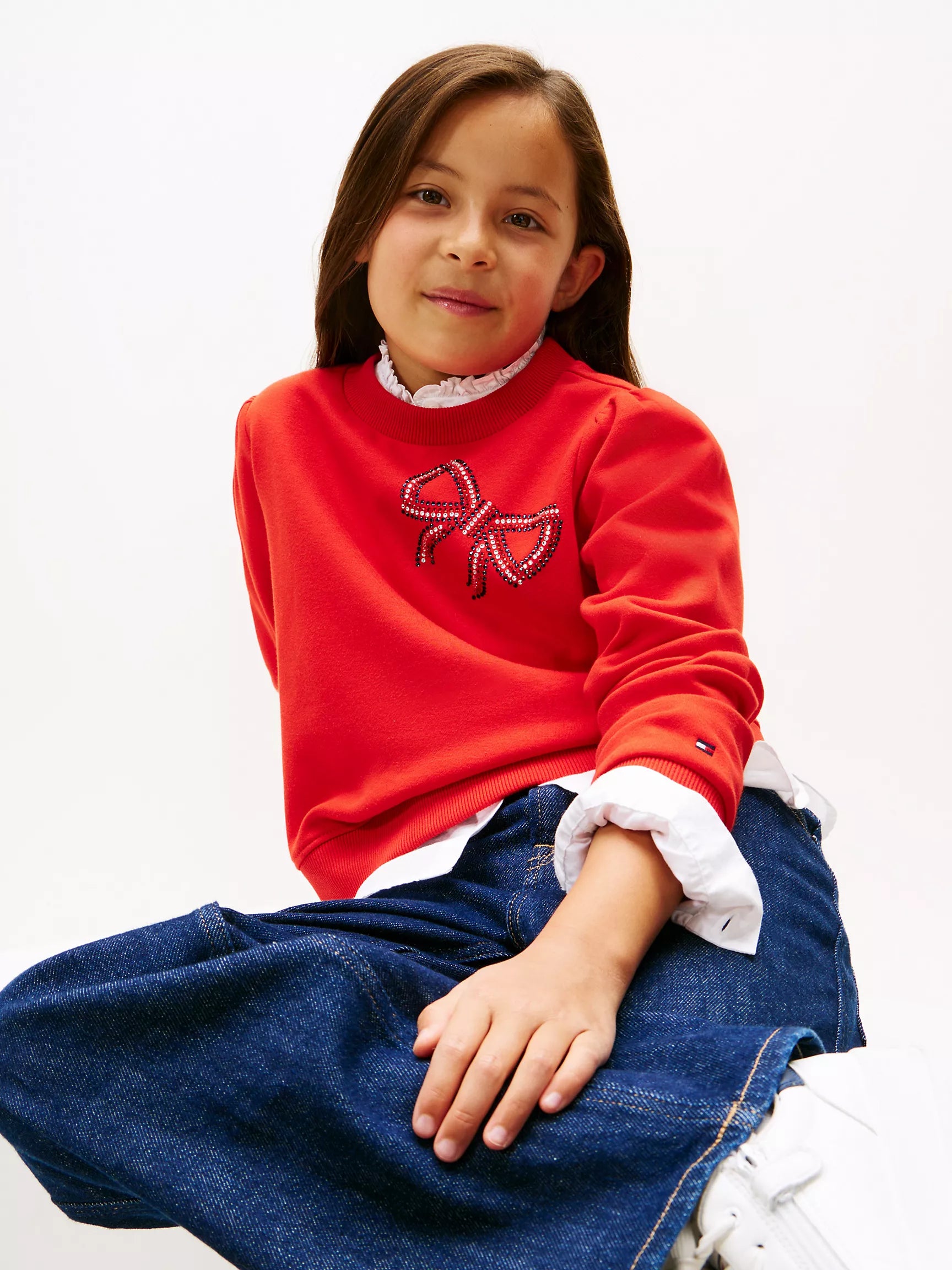 TOMMY Girls Rhinestone Bow Sweatshirt Deep Crimson