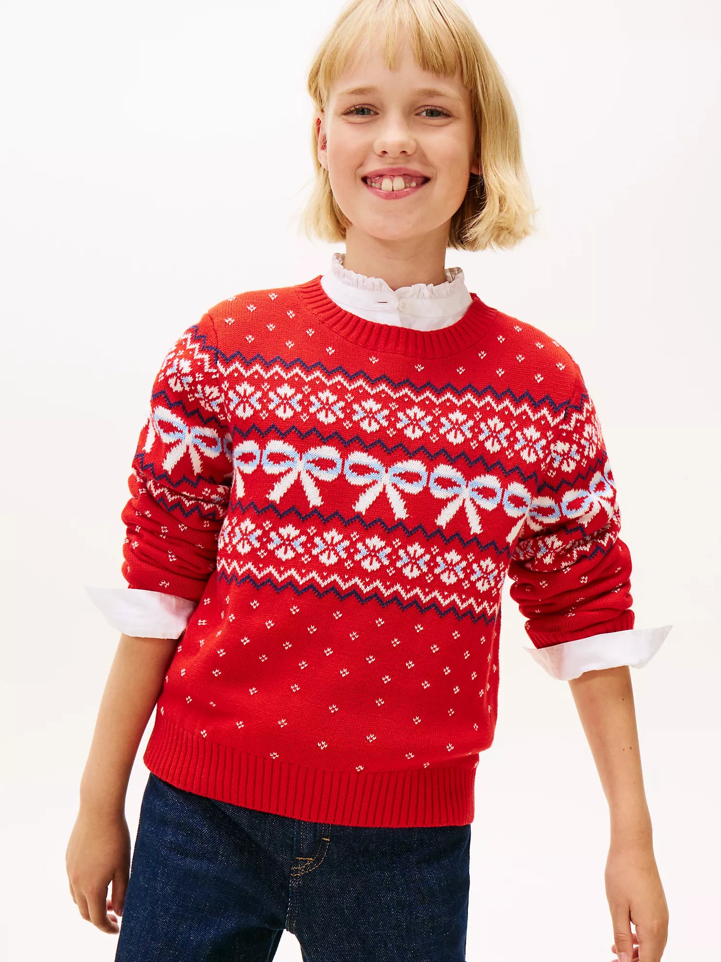 TOMMY Girls Fair Isle Bow Sweater Deep Crimson