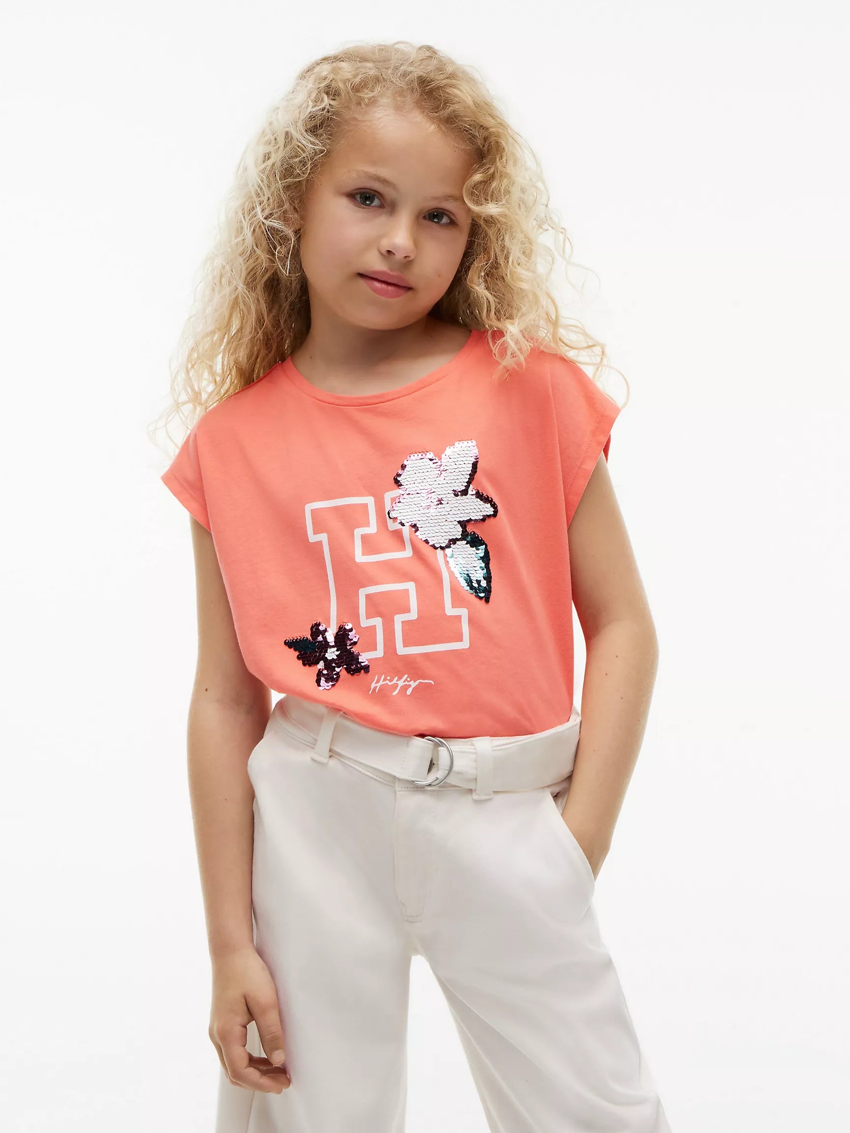 Tommy Hilfiger Girls' Flip Sequin Floral Logo T-Shirt-Island Punch