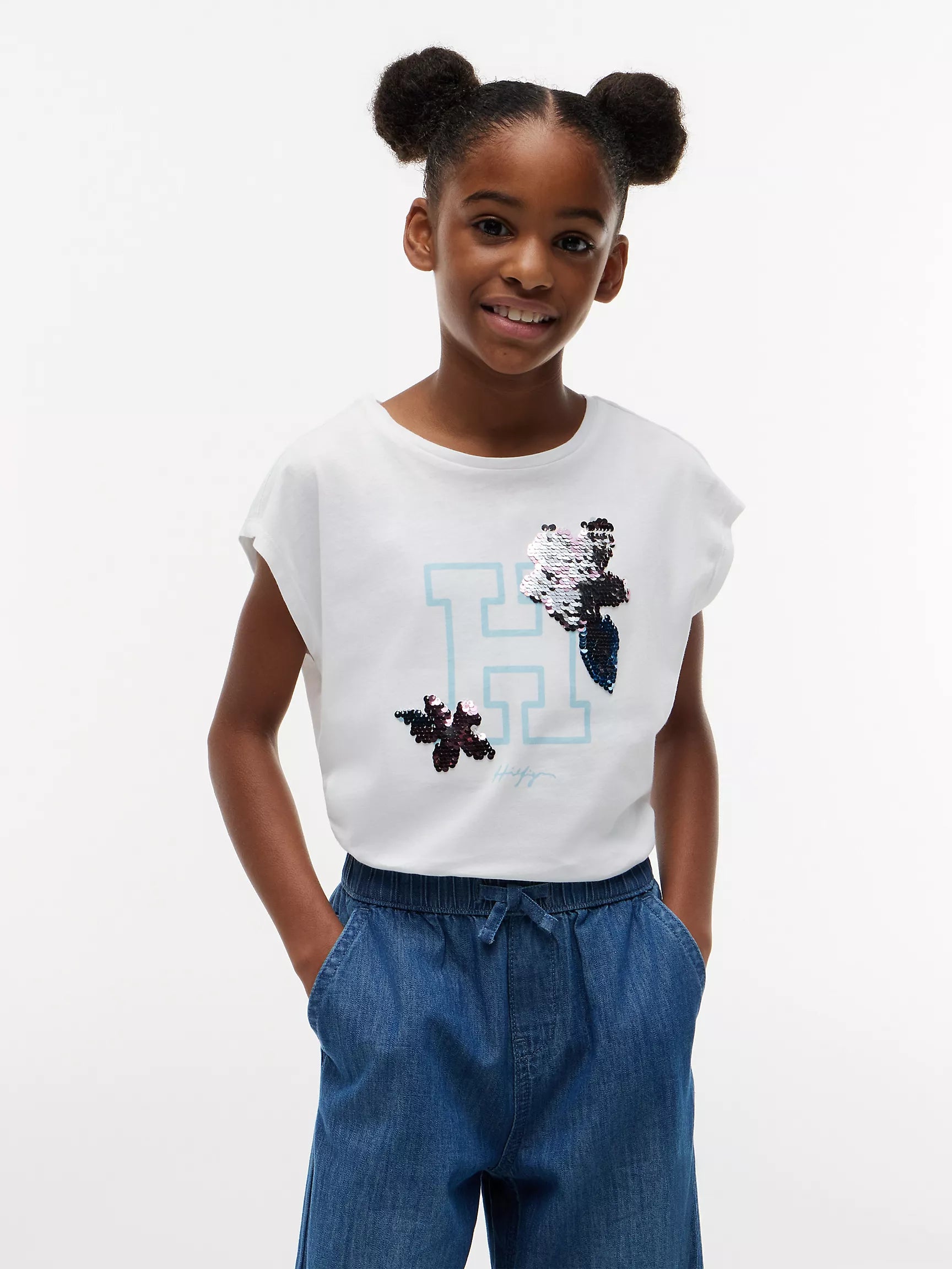 Tommy Hilfiger Girls' Flip Sequin Floral Logo T-Shirt-Optic White