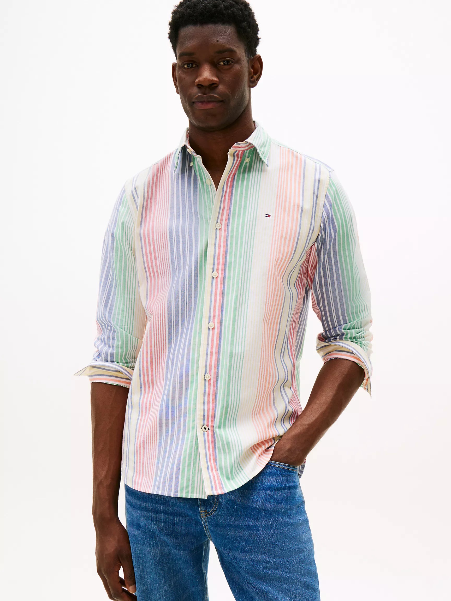 TOMMY MENS' Regular Fit Stripe Stretch Oxford Shirt