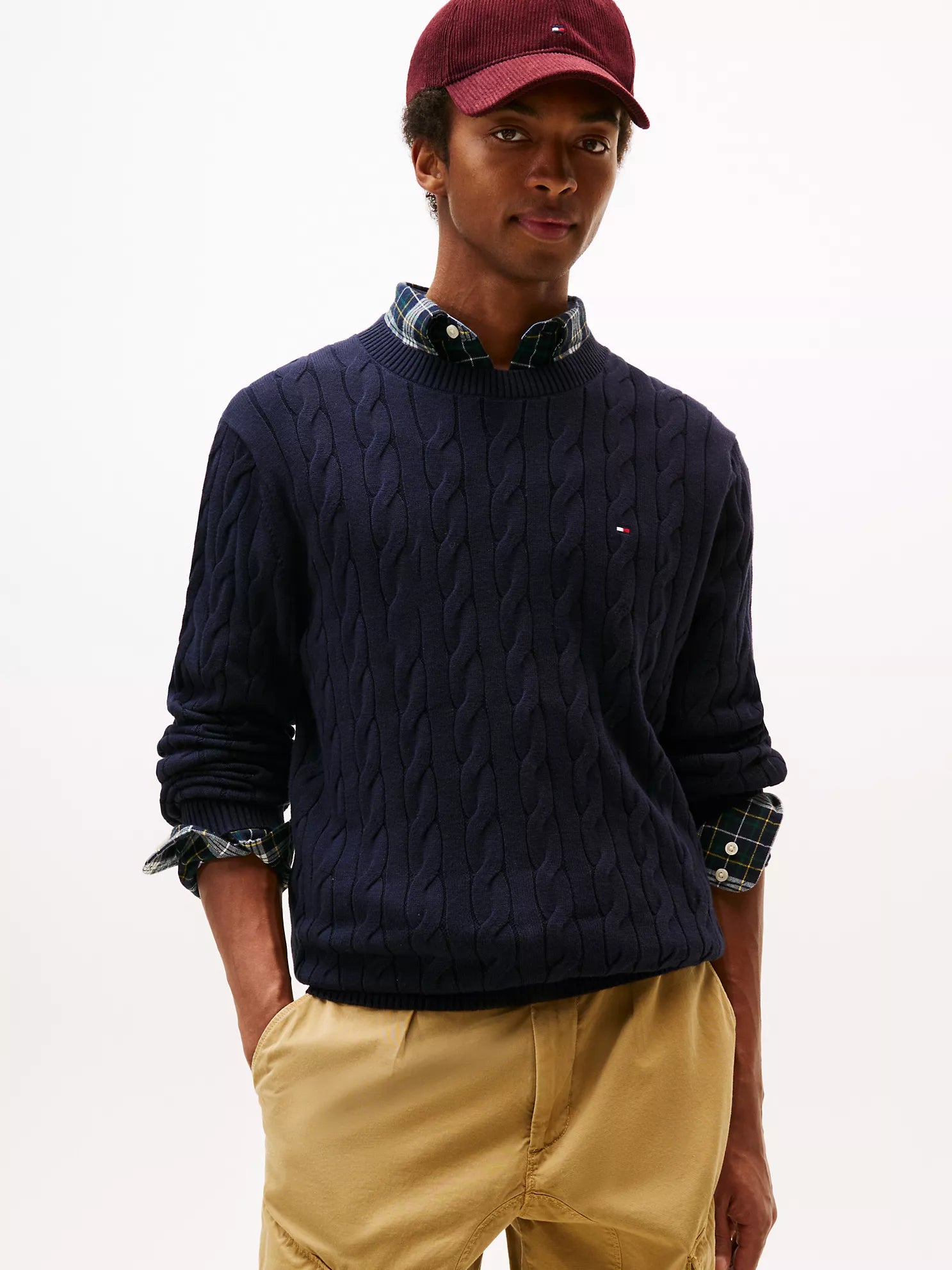 Tommy Hilfiger MENS' Cable Knit Crewneck Sweater Navy