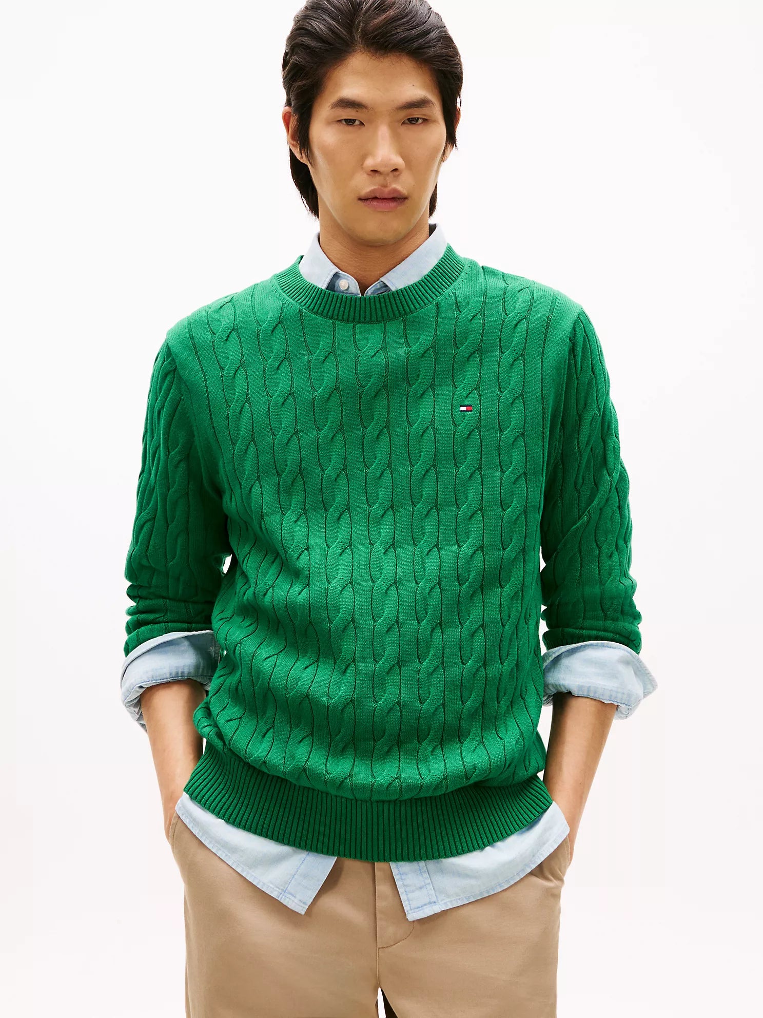 Tommy Hilfiger MENS' Cable Knit Crewneck Sweater Nouveau Green