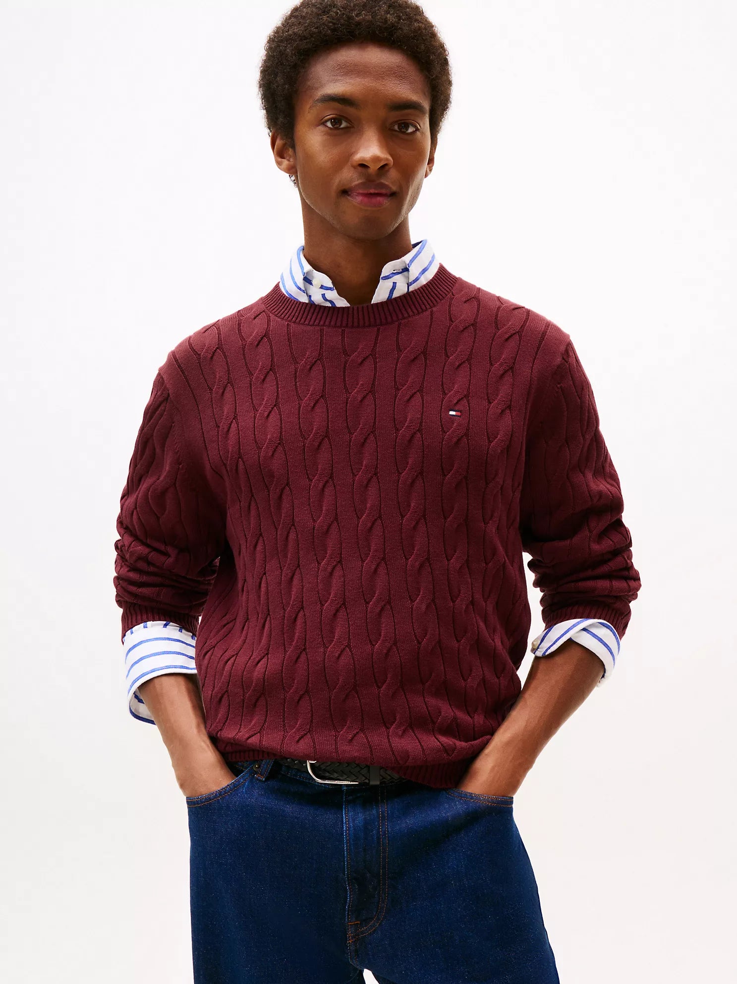 Tommy Hilfiger MENS' Cable Knit Crewneck Sweater Deep Rouge