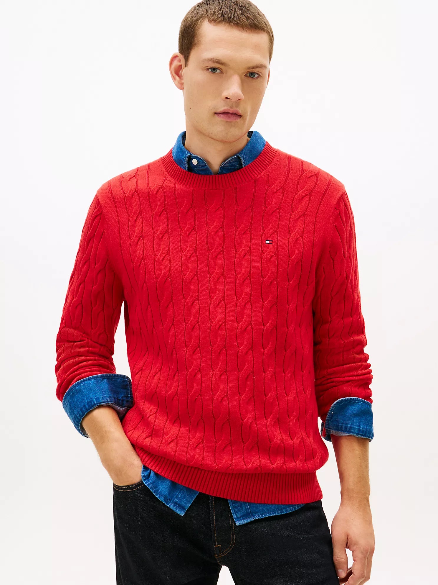Tommy Hilfiger MENS' Cable Knit Crewneck Sweater Primary Red