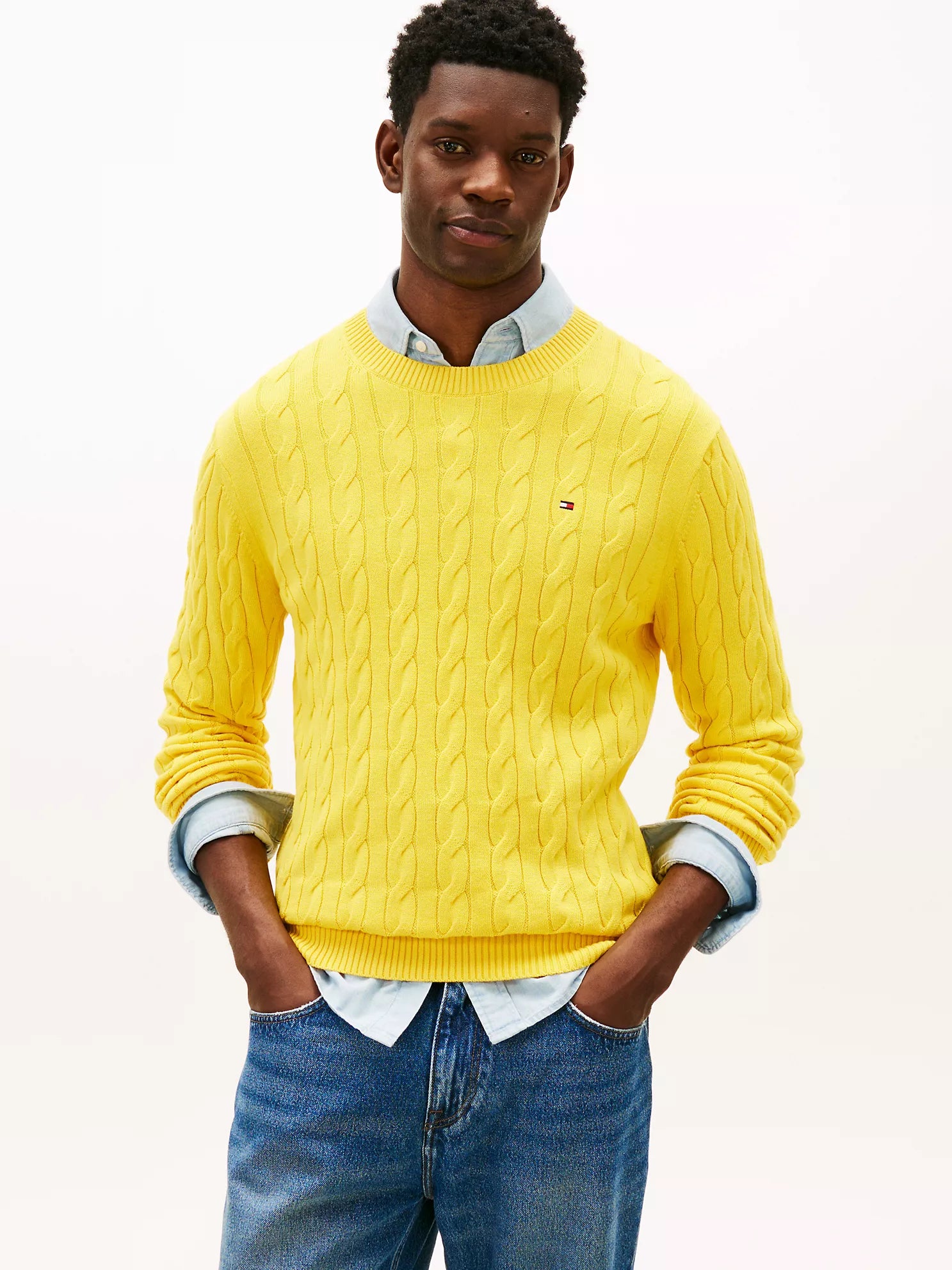 Tommy Hilfiger MENS' Cable Knit Crewneck Sweater Pollen
