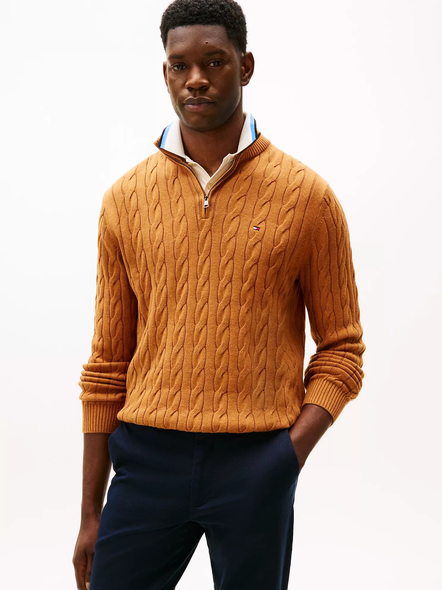 Mens' Tommy Cable Knit Quarter-Zip Sweater Spice Brown Heather