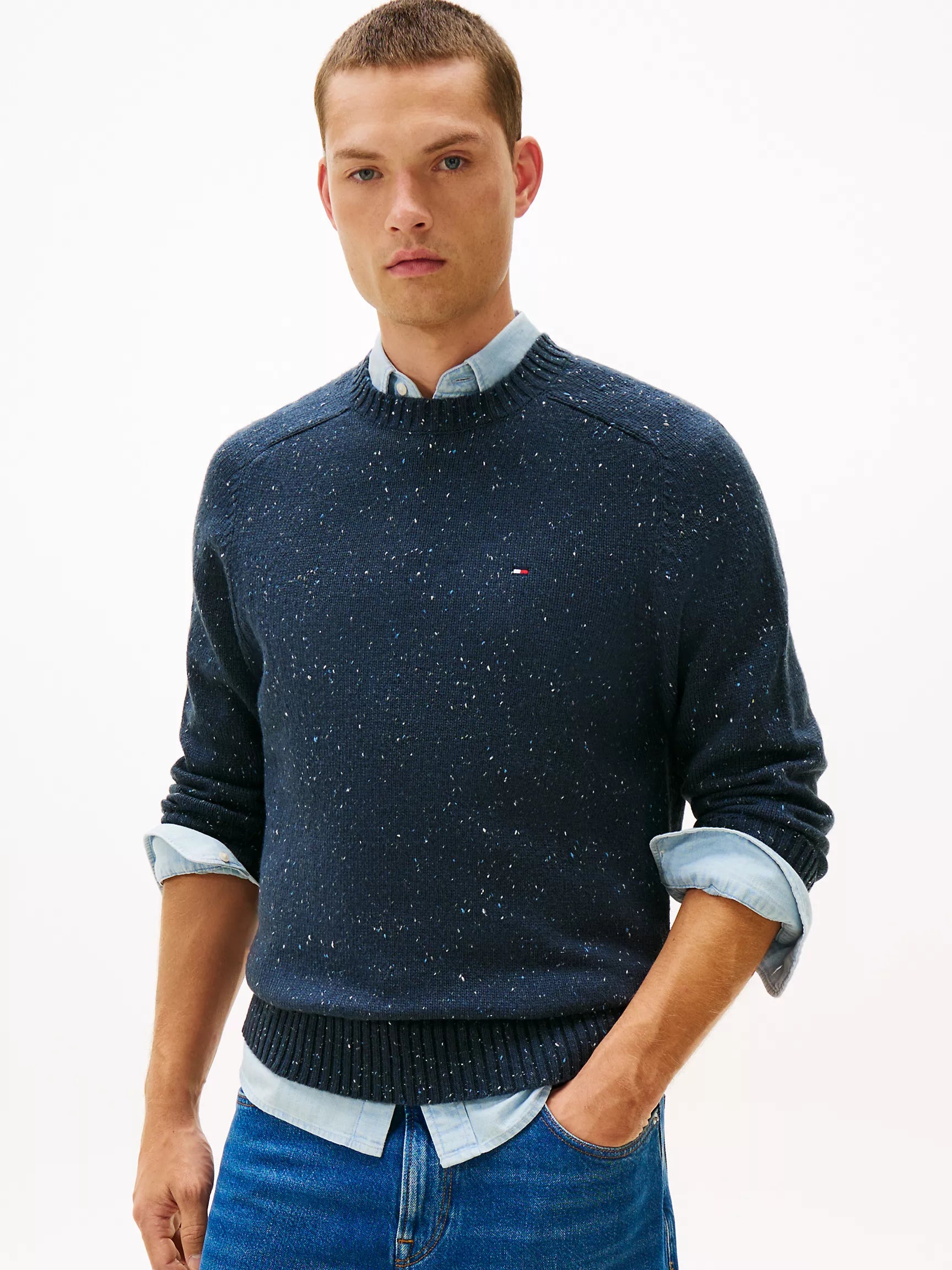 Tommy MENS' Donegal Wool-Blend Crewneck Sweater Military Denim