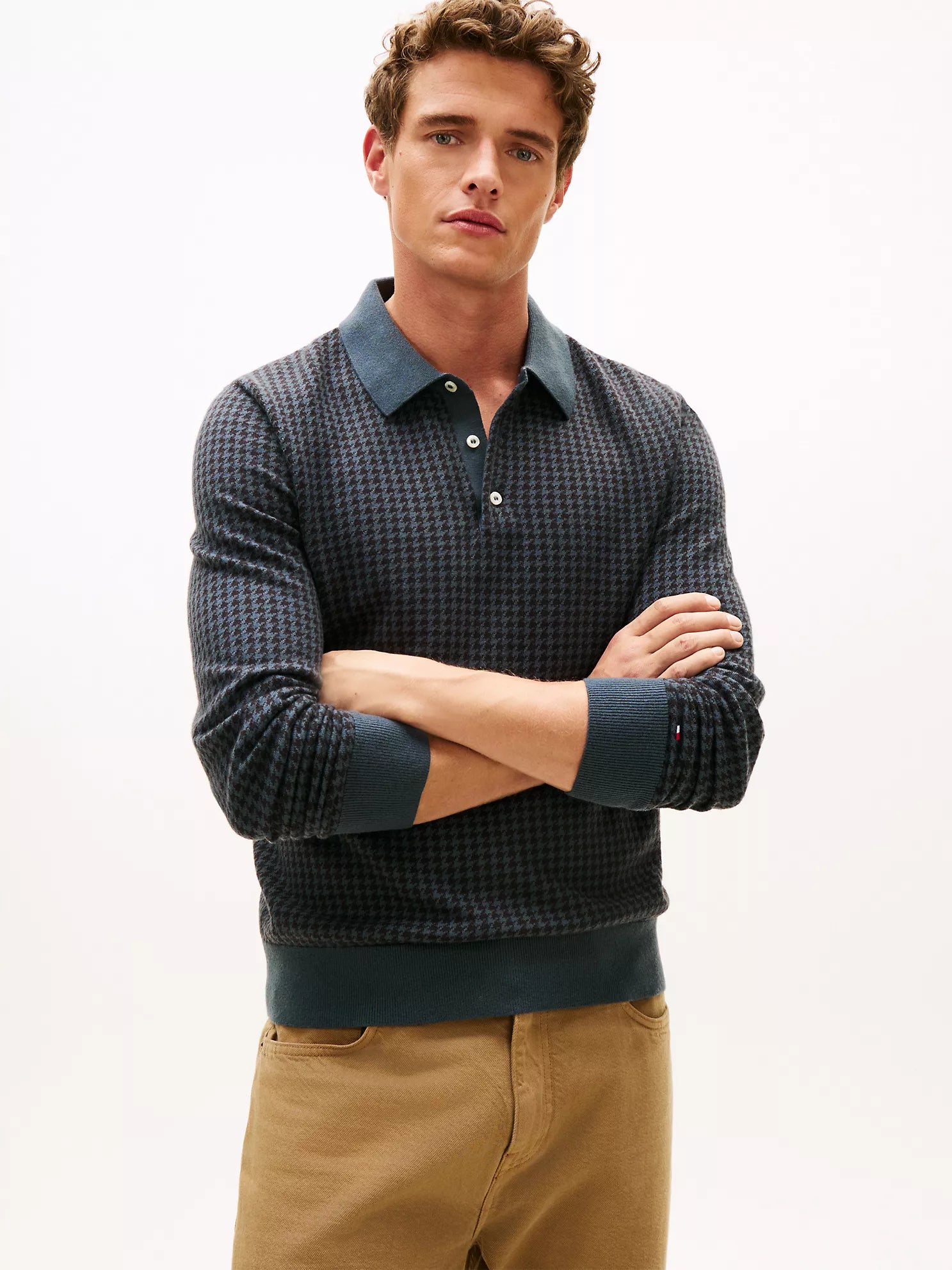Tommy MENS' Houndstooth Wool-Blend Sweater Polo Military Denim