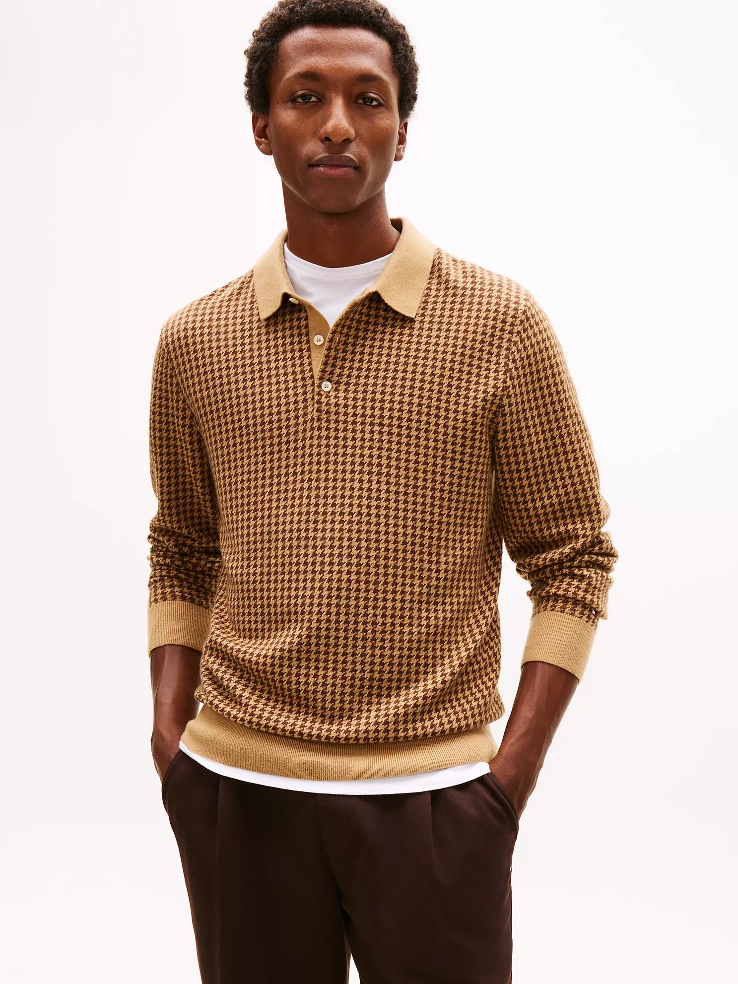 Tommy MENS' Houndstooth Wool-Blend Sweater Polo Safari Canvas