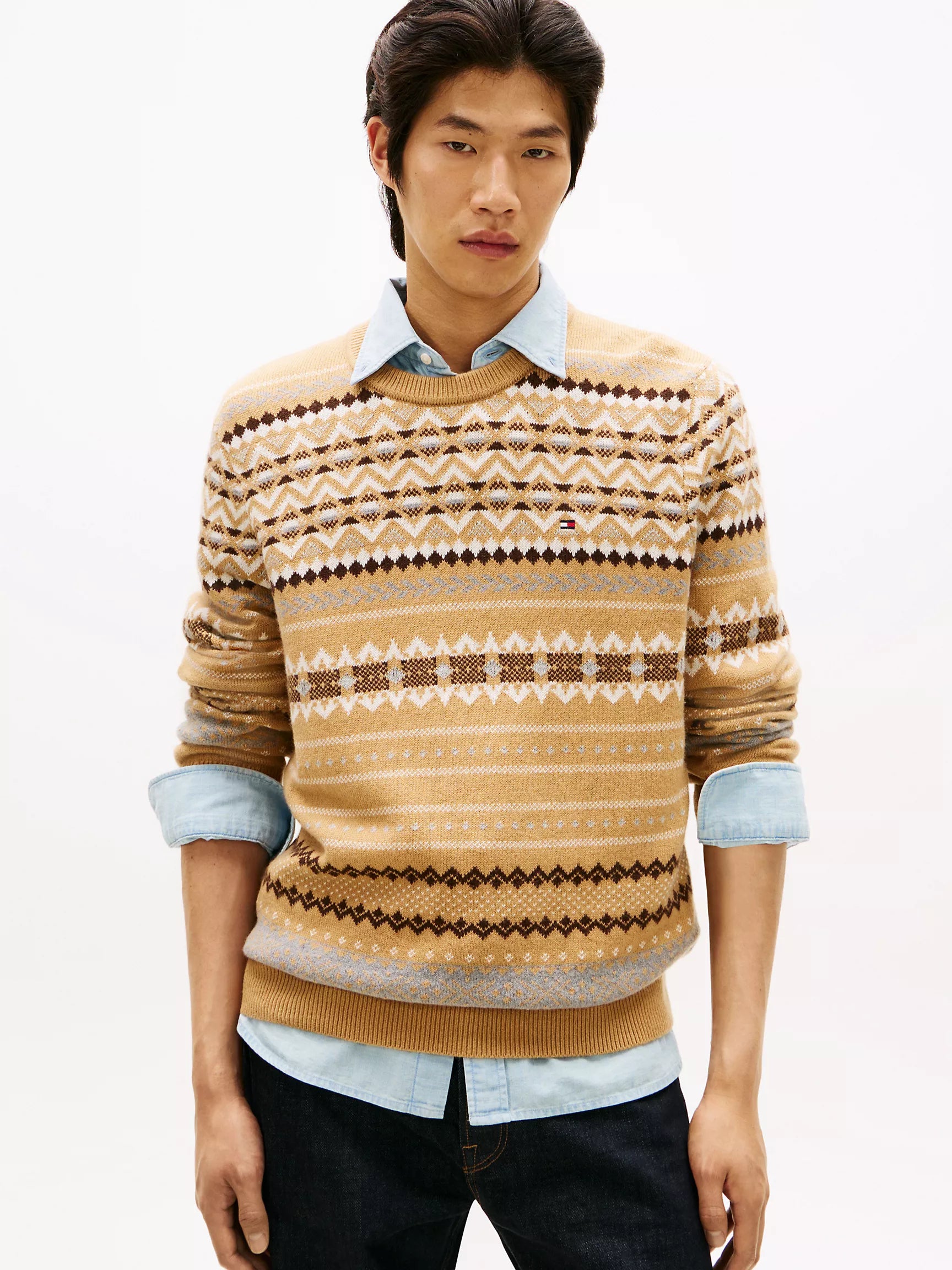 Tommy Mens' Allover Fair Isle Wool-Blend Sweater Classic Khaki Multi