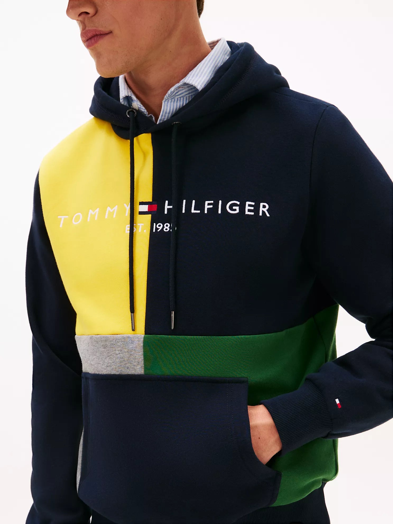 Tommy Mens' Quarter Colorblock Brushed-Fleece Hoodie Navy
