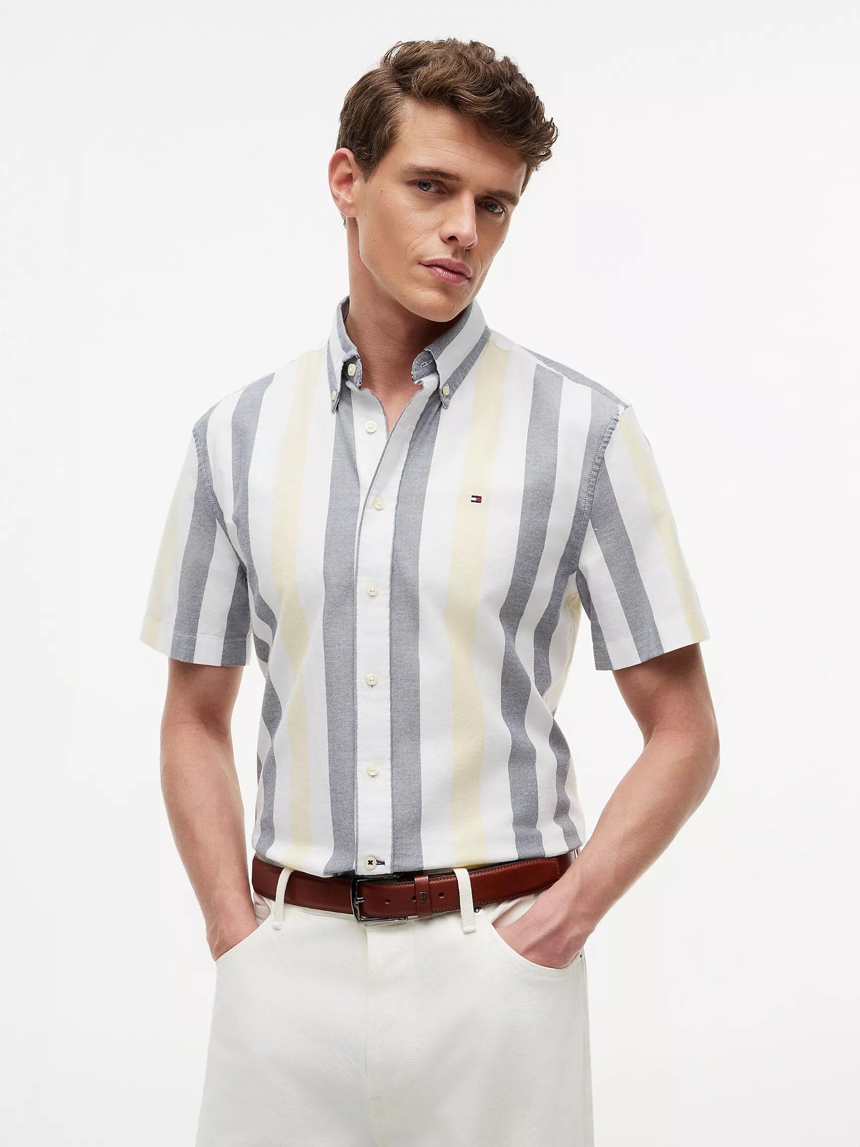 Regular Fit Striped Stretch Oxford Shirt-Citronella/Grey/White Stripe