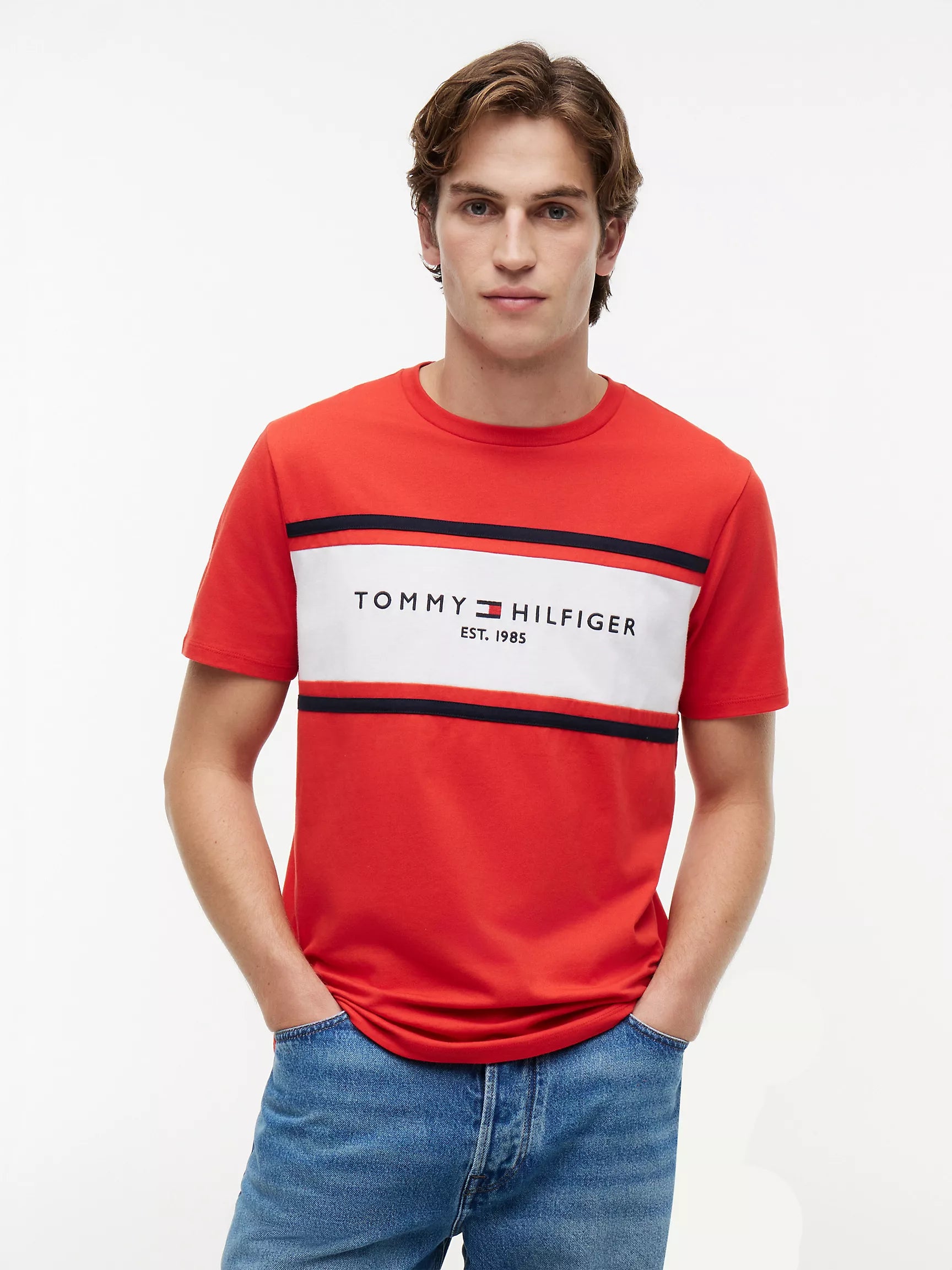 Hilfiger Block Men's Stripe Logo T-Shirt-Deep Crimson