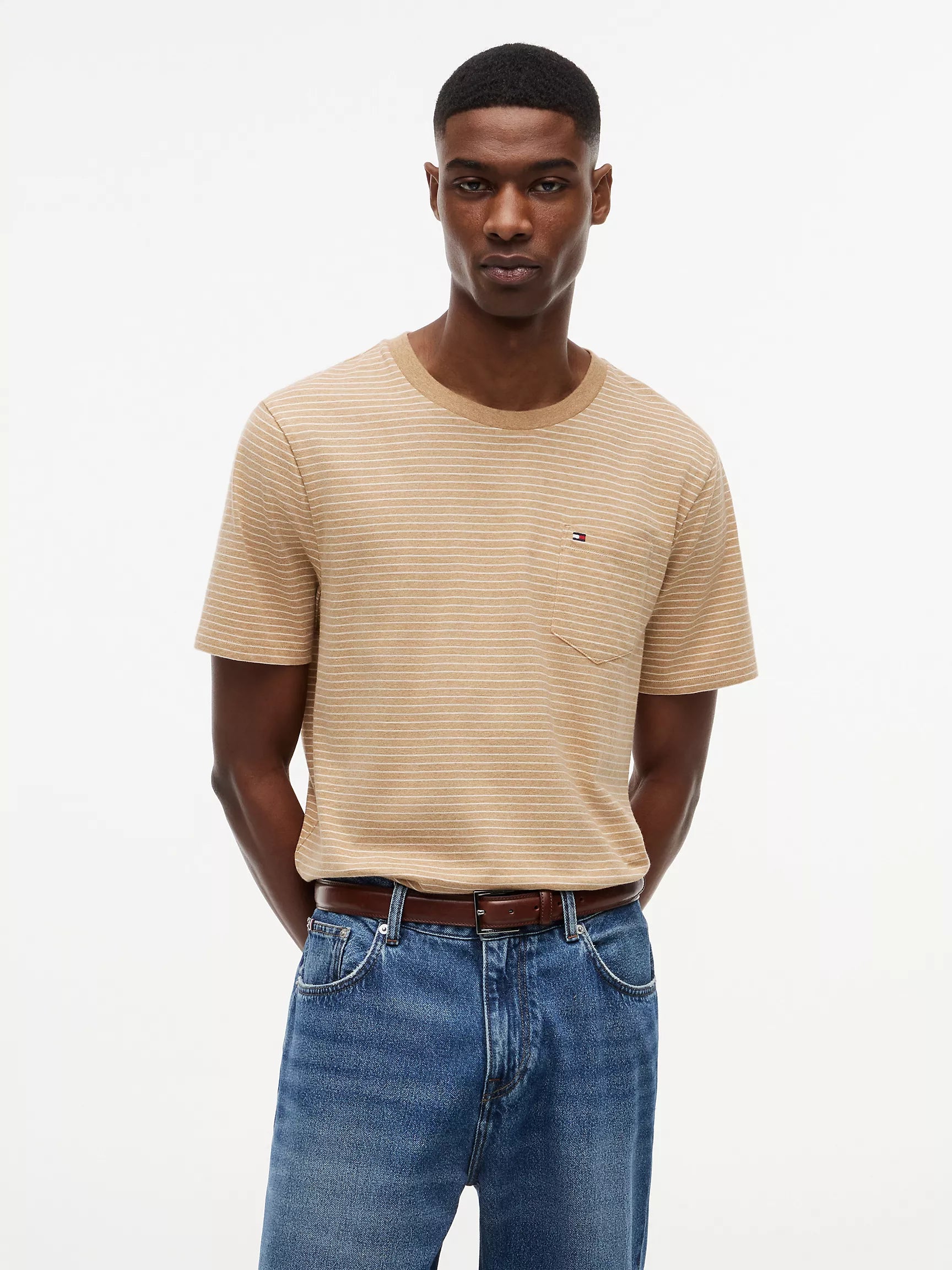 Tommy Hilfiger Men's Striped Pocket T-Shirt-Iconic Camel Heather Stripe
