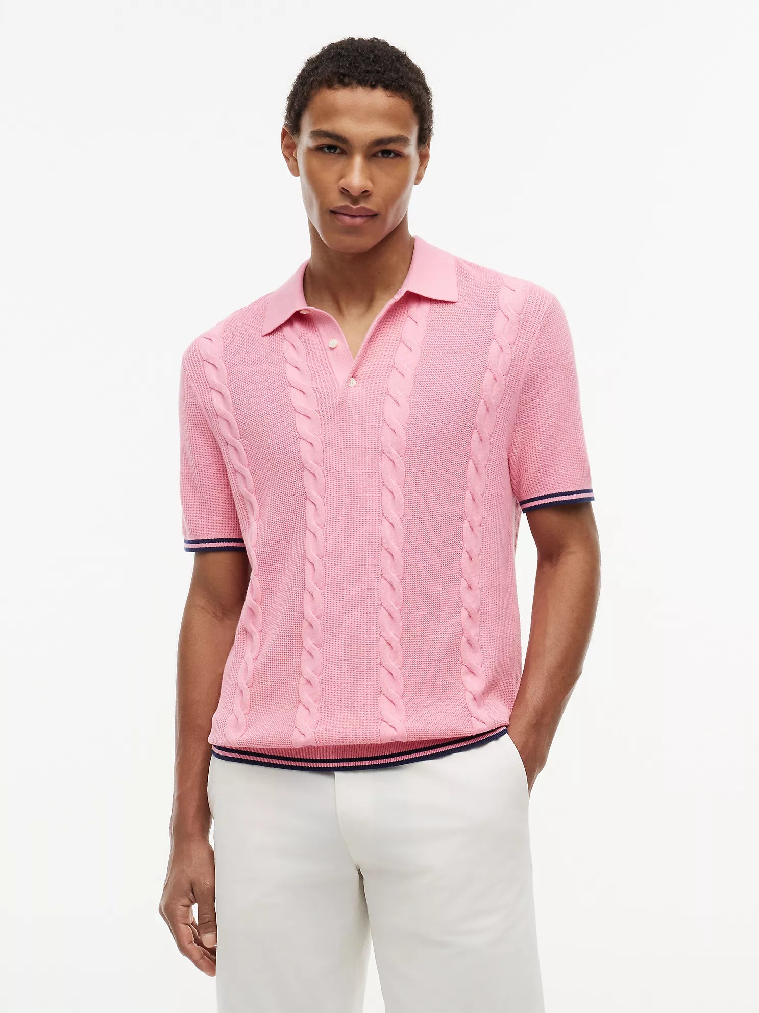 Tommy Men's Short-Sleeve Cable Knit Sweater Polo-Fresh Pink