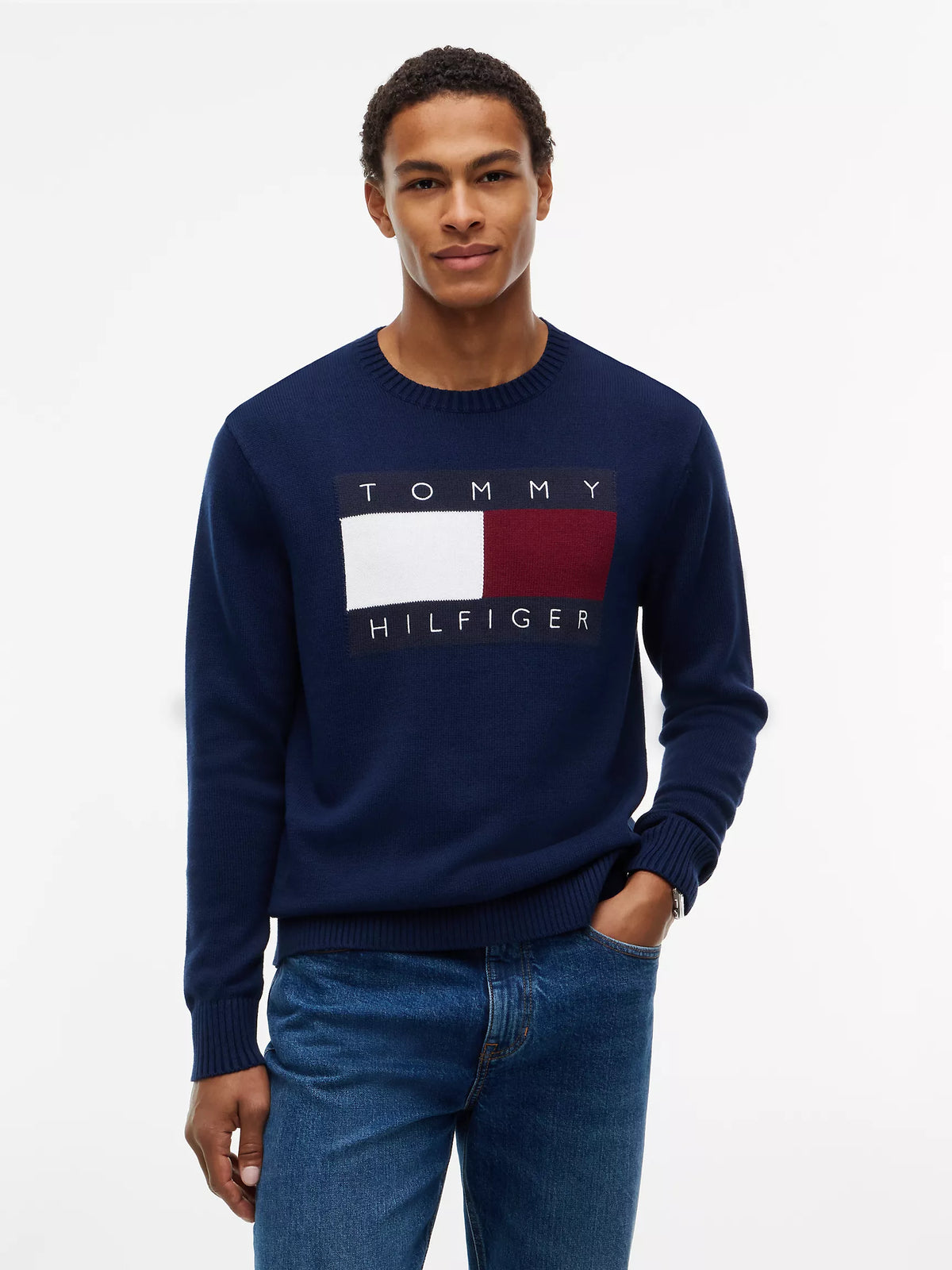 Tommy Intarsia Flag Logo Crewneck Sweater- Carbon Navy