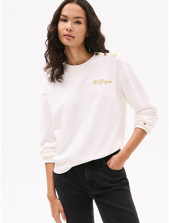 TOMMY HILFIGER Gold Button Stripe Sweatshirt WHITE