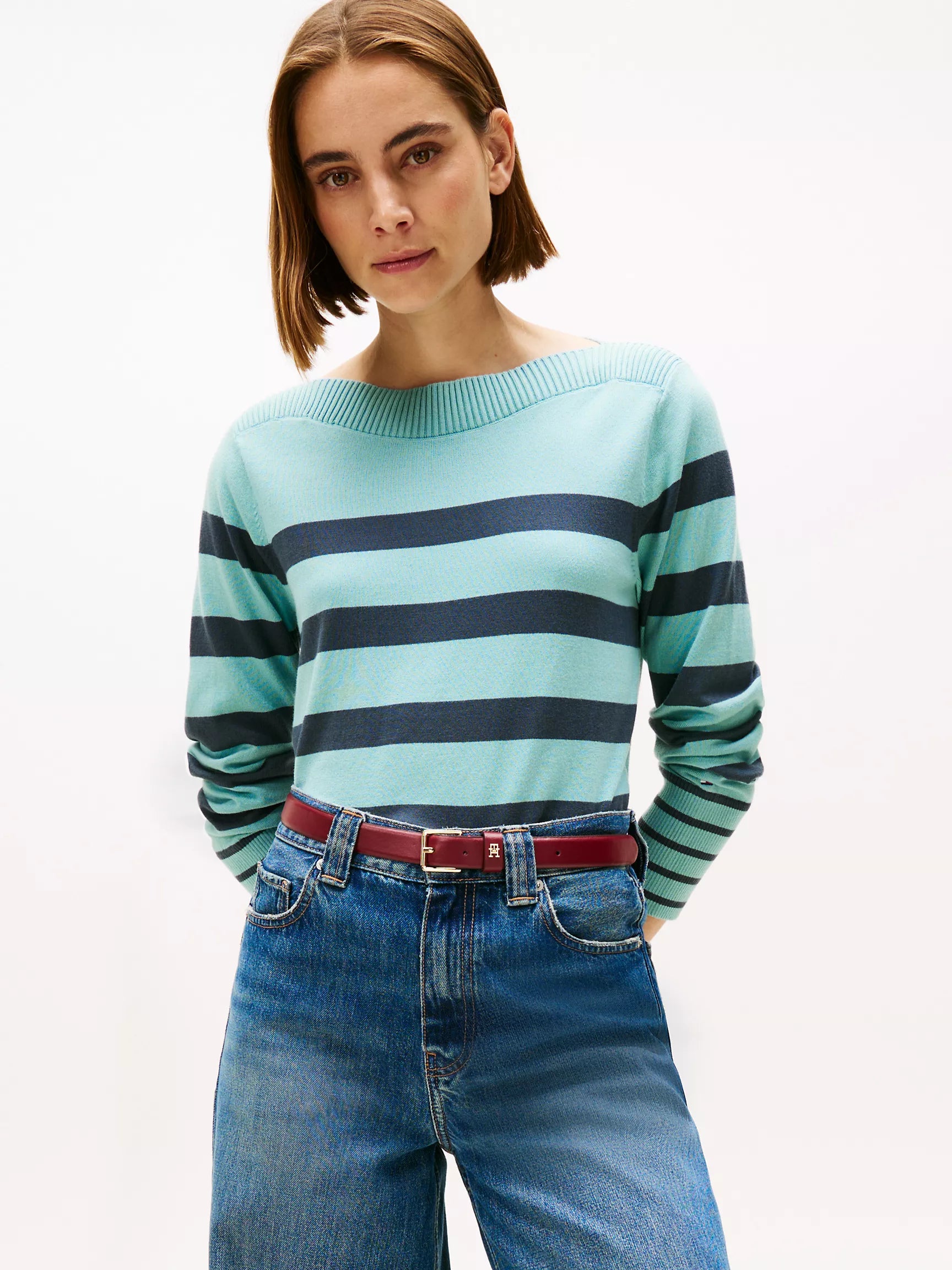 Tommy Womens' Stripe Boatneck Sweater/Crystal Lake