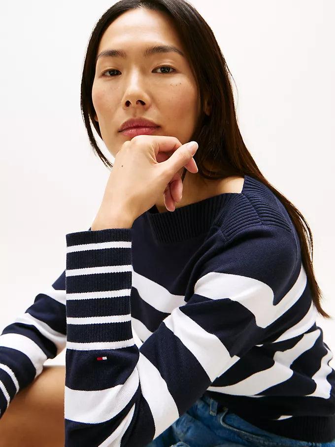 Tommy Womens' Stripe Boatneck Sweater/ NAVY