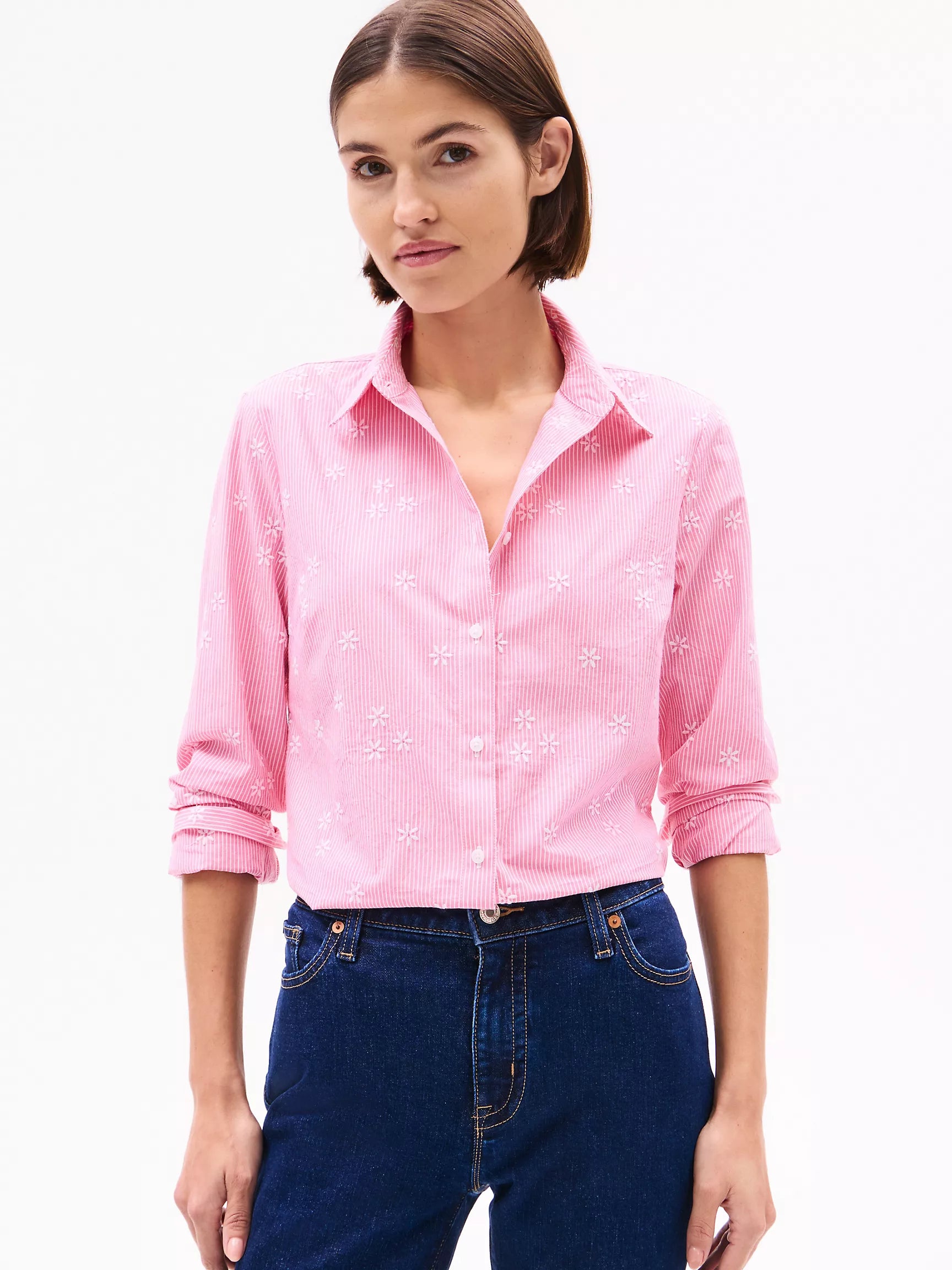 Women Tommy Embroidered Flower Stripe Shirt/ Pink