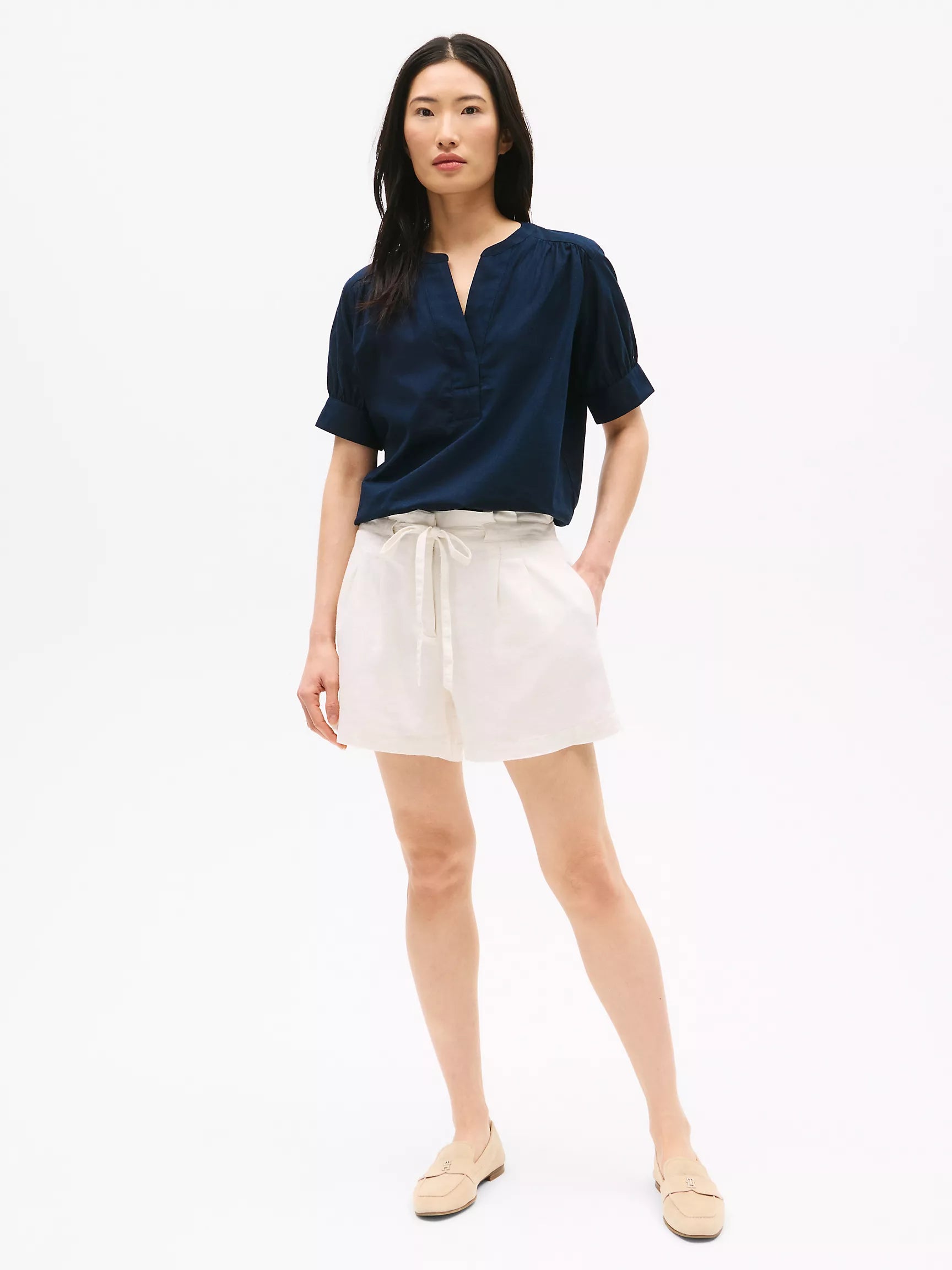 Womens' Tommy Linen-Blend Paper Bag Short /Ecru