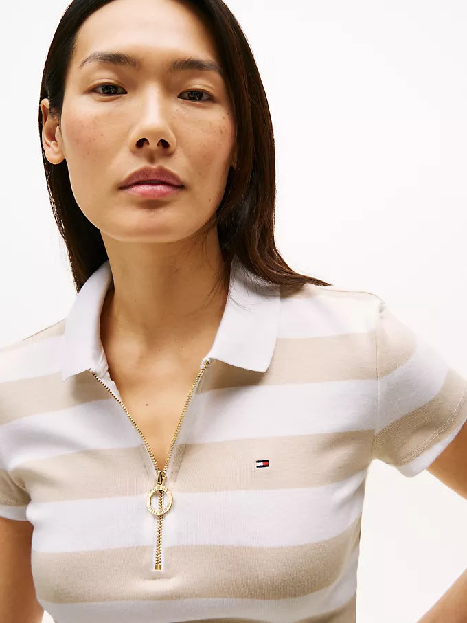 Tommy Womens' Slim Fit Rugby Stripe Zip Polo/Classic Beige Stripe