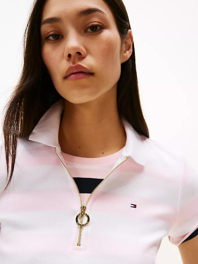 Tommy Womens' Slim Fit Rugby Stripe Zip Polo/Light Pink Stripe