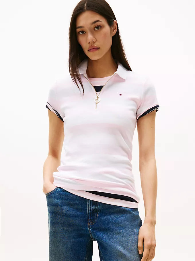 Tommy Womens' Slim Fit Rugby Stripe Zip Polo/Light Pink Stripe
