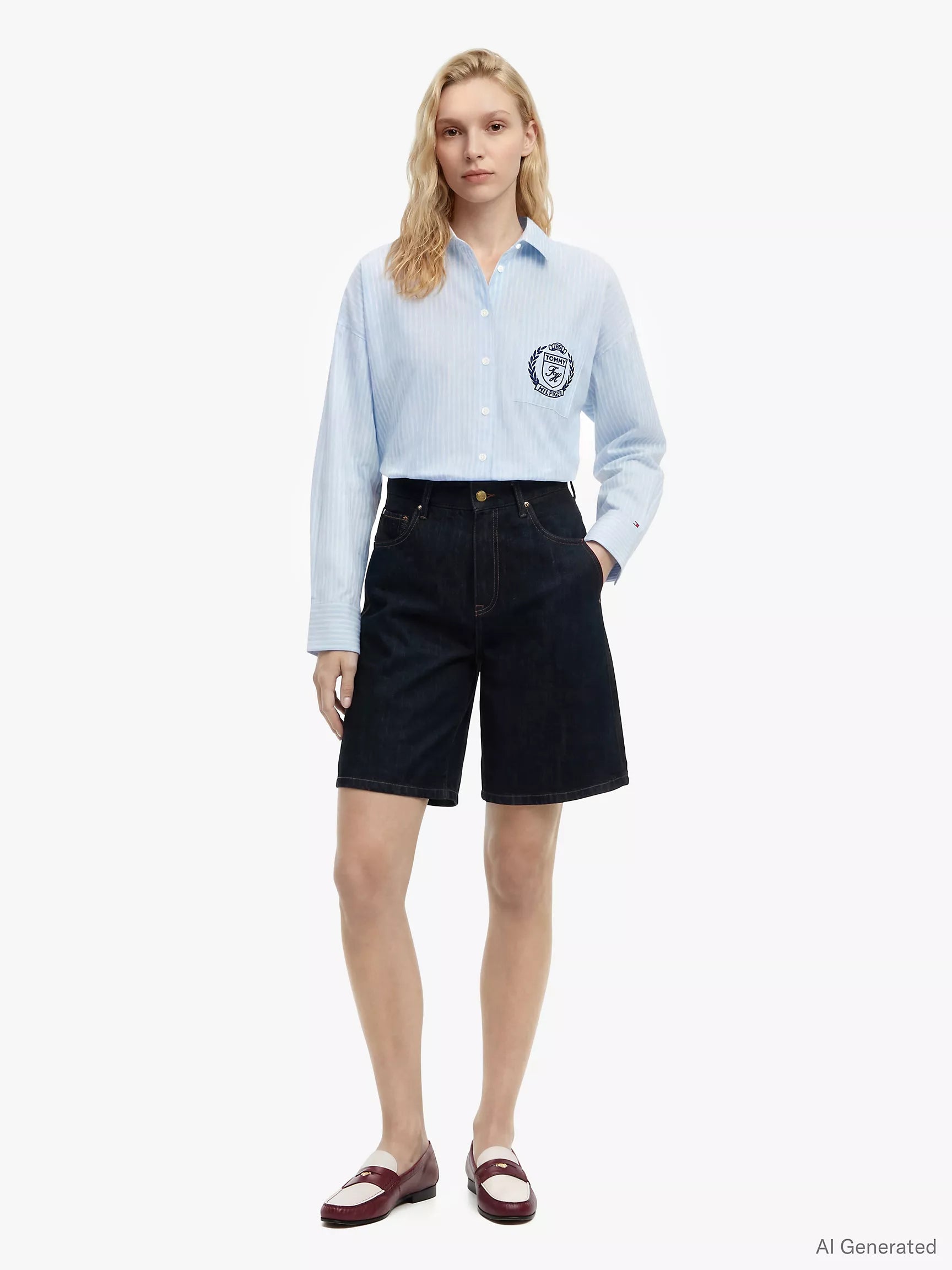 Tommy Hilfiger Womens' Relaxed Fit Crest Logo Striped Shirt-Vessel Blue