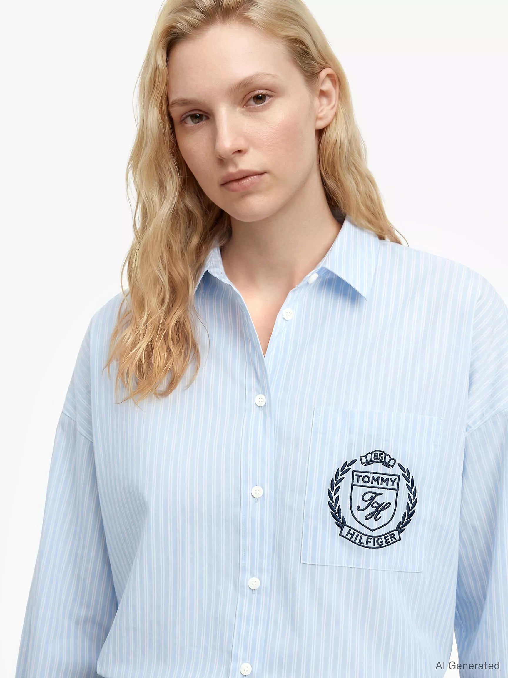 Tommy Hilfiger Womens' Relaxed Fit Crest Logo Striped Shirt-Vessel Blue