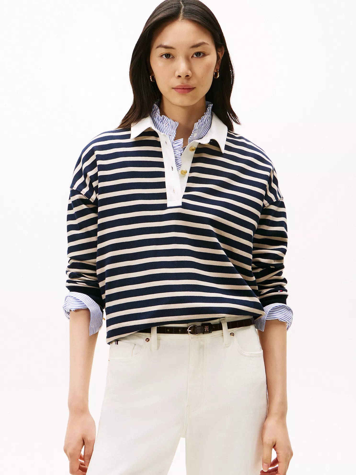 TOMMY WOMENS' Gold-Button Stripe Polo Sweatshirt Navy Multi