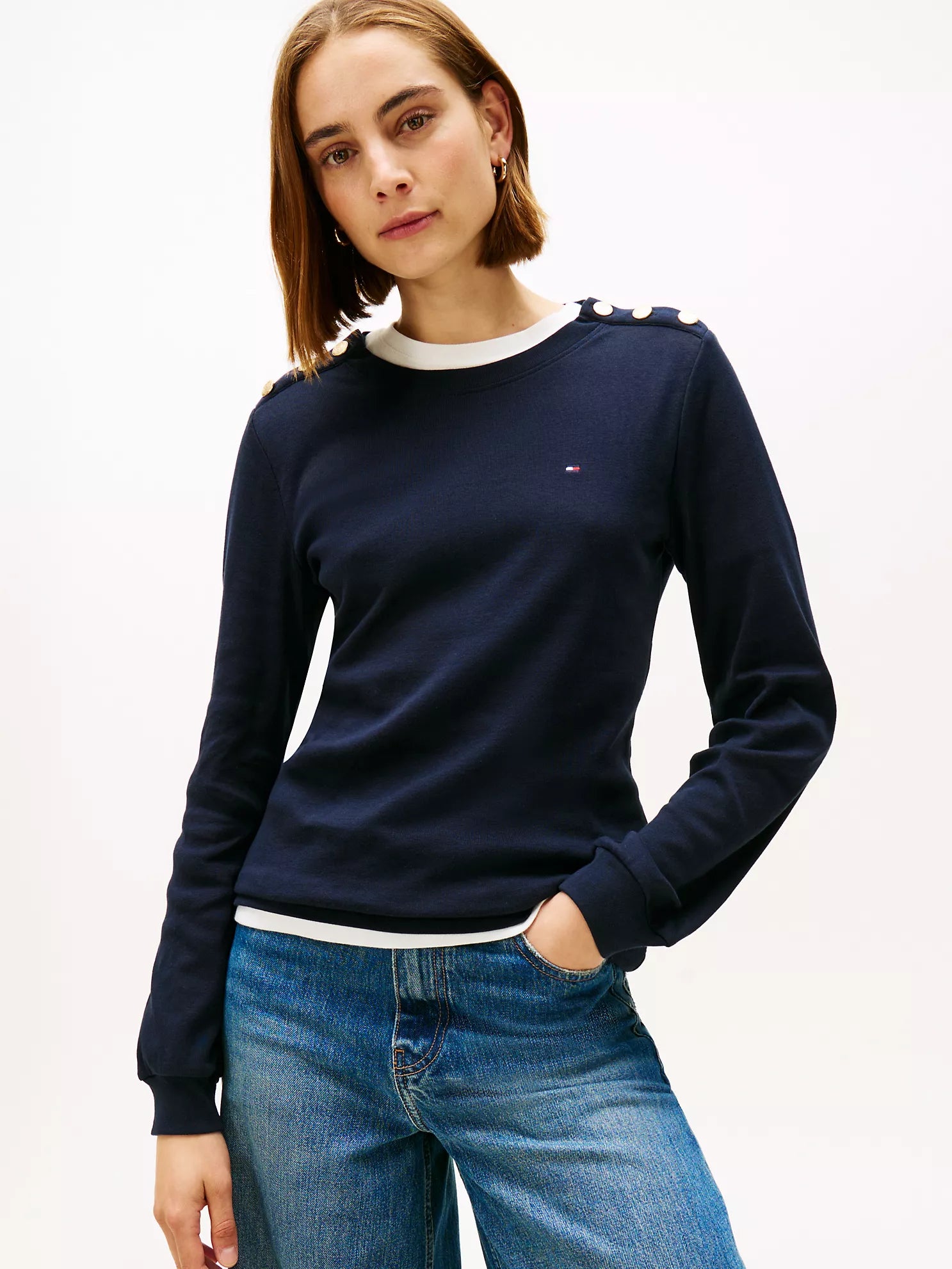 Womens' Tommy Gold-Button Crewneck T-Shirt Navy Blue