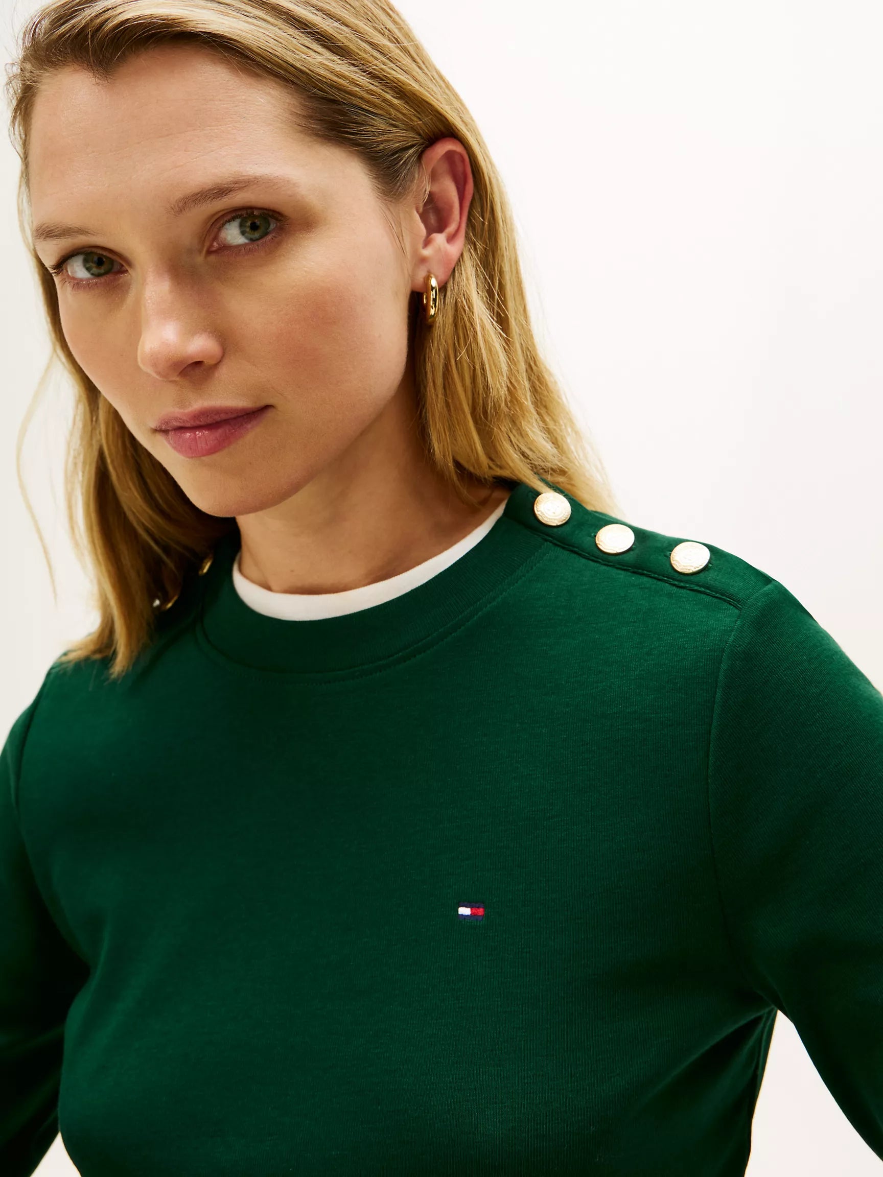 Womens' Tommy Gold-Button Crewneck T-Shirt Ornamental Green