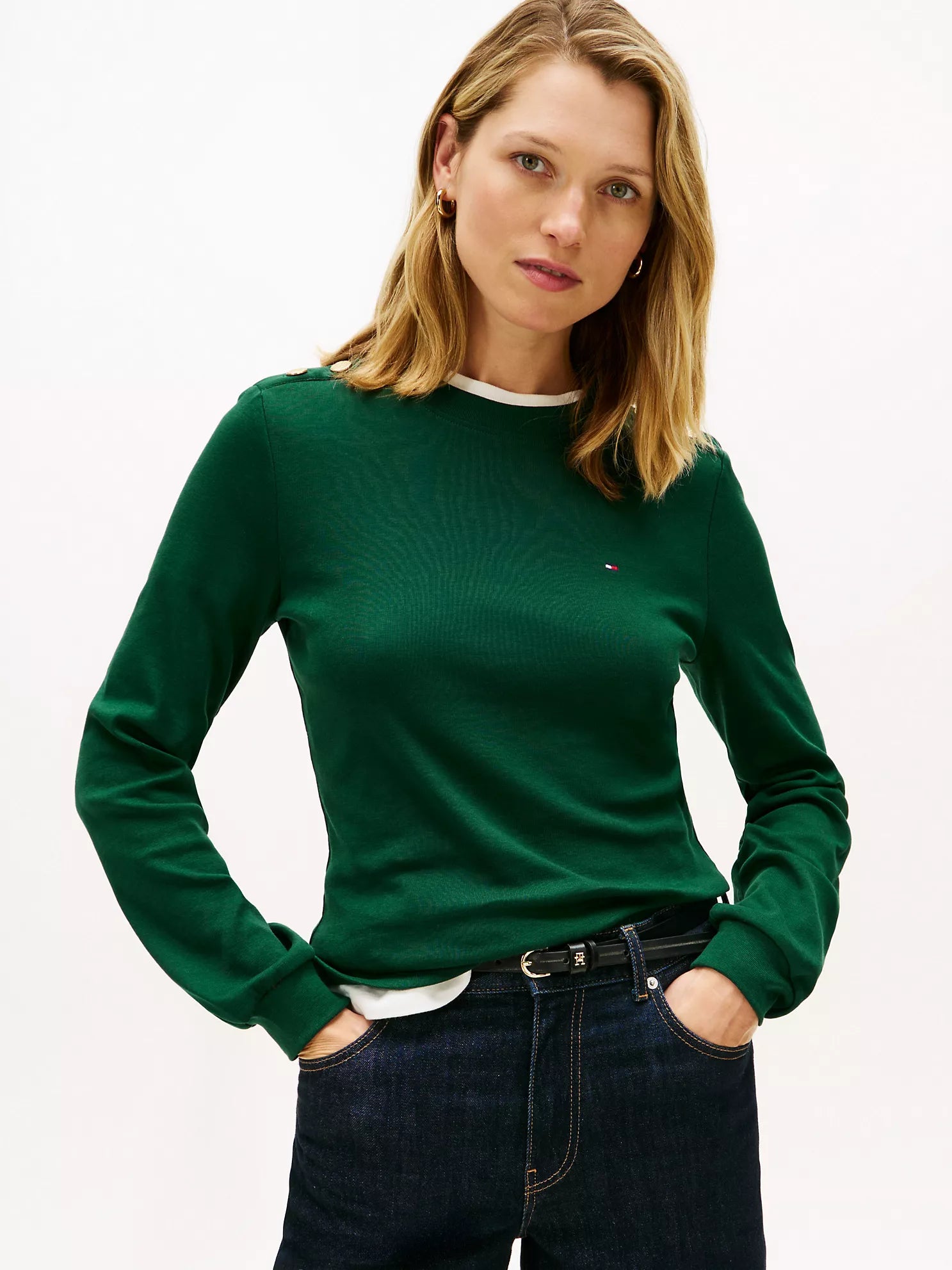 Womens' Tommy Gold-Button Crewneck T-Shirt Ornamental Green