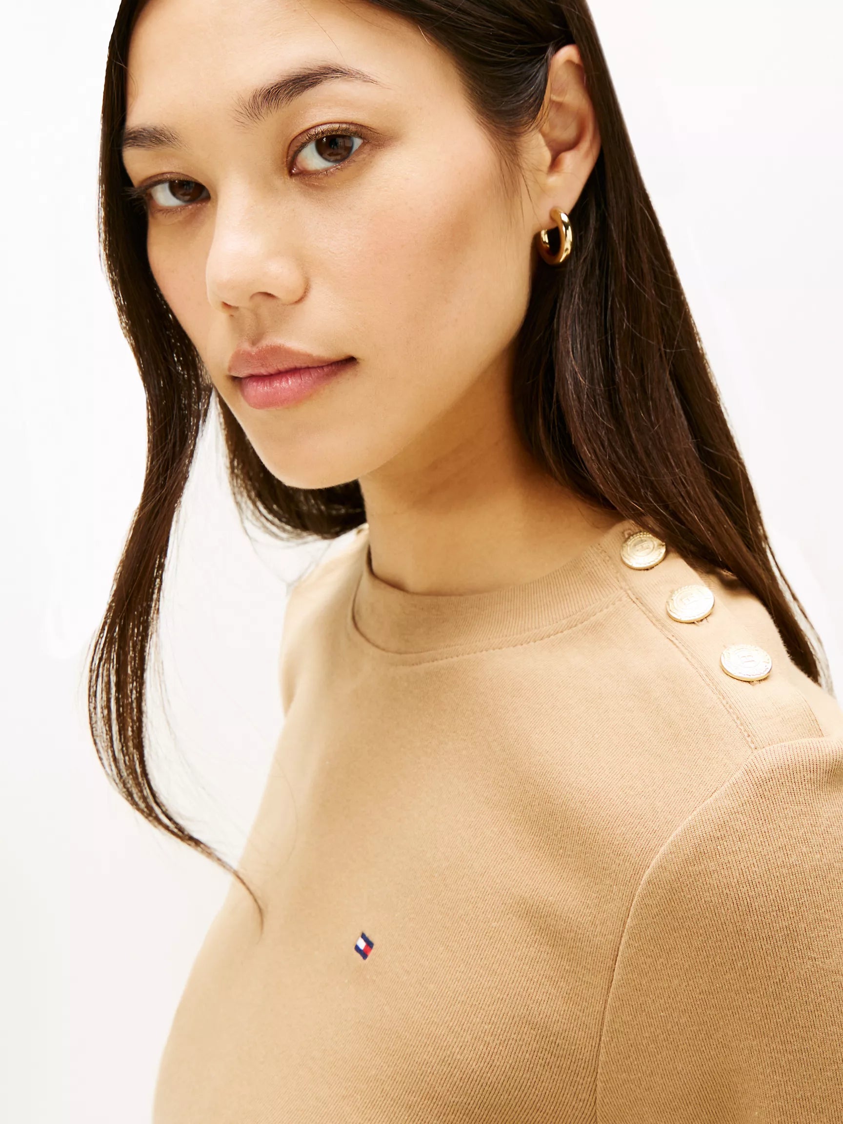 Womens' Tommy Gold-Button Crewneck T-Shirt Safari Canvas