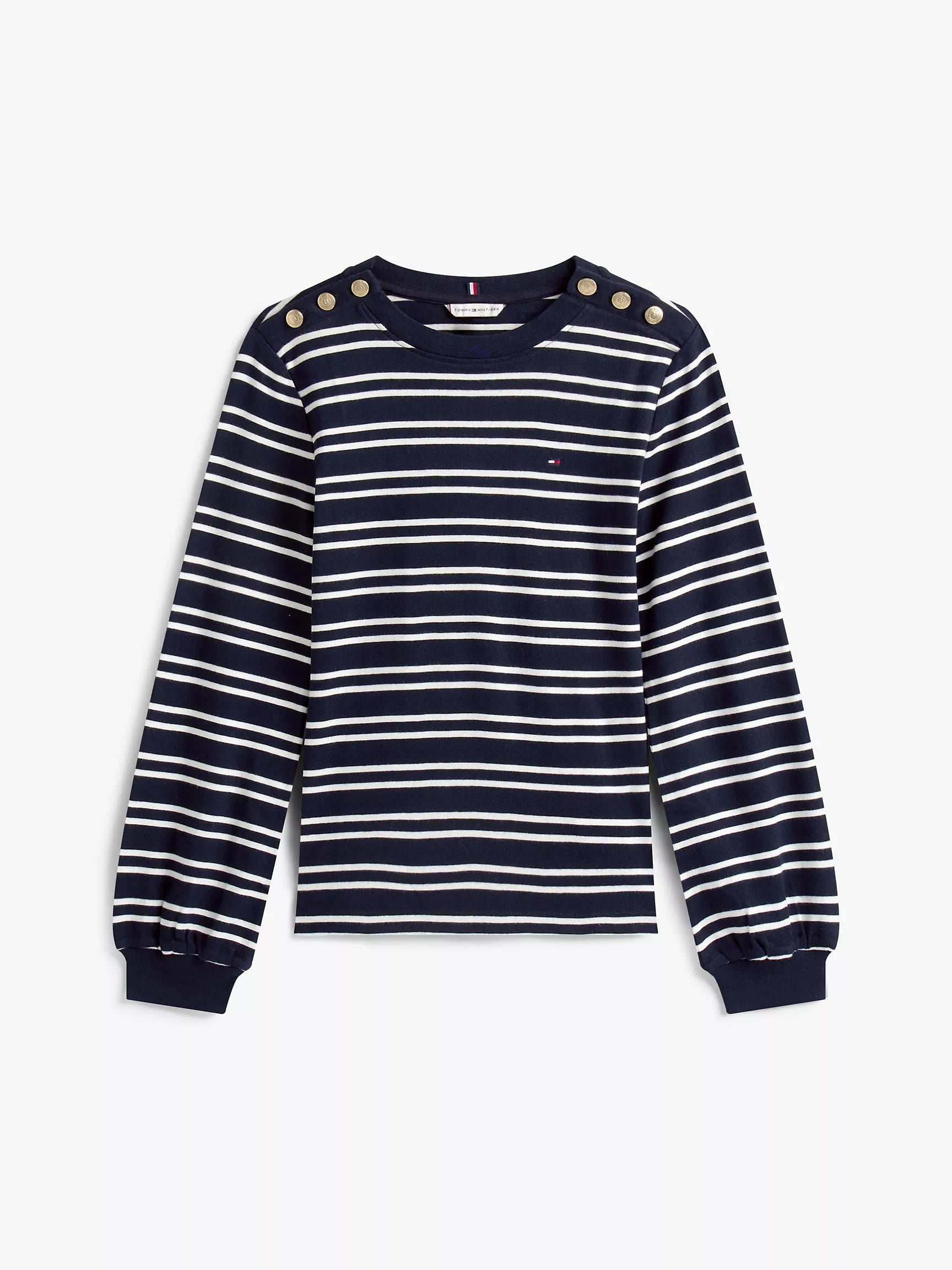 Womens' Tommy Gold-Button Stripe Crewneck T-Shirt Navy Blue
