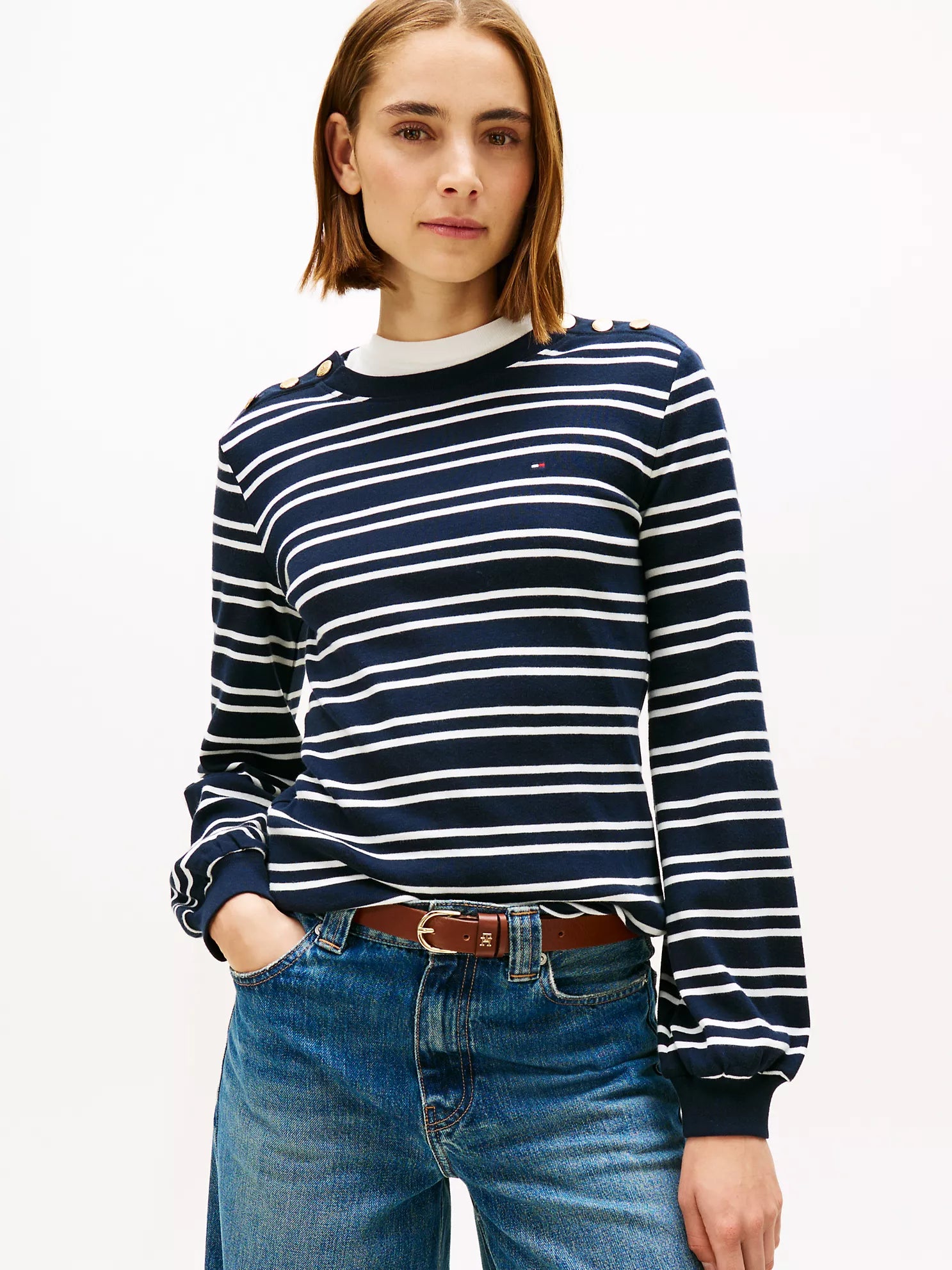 Womens' Tommy Gold-Button Stripe Crewneck T-Shirt Navy Blue