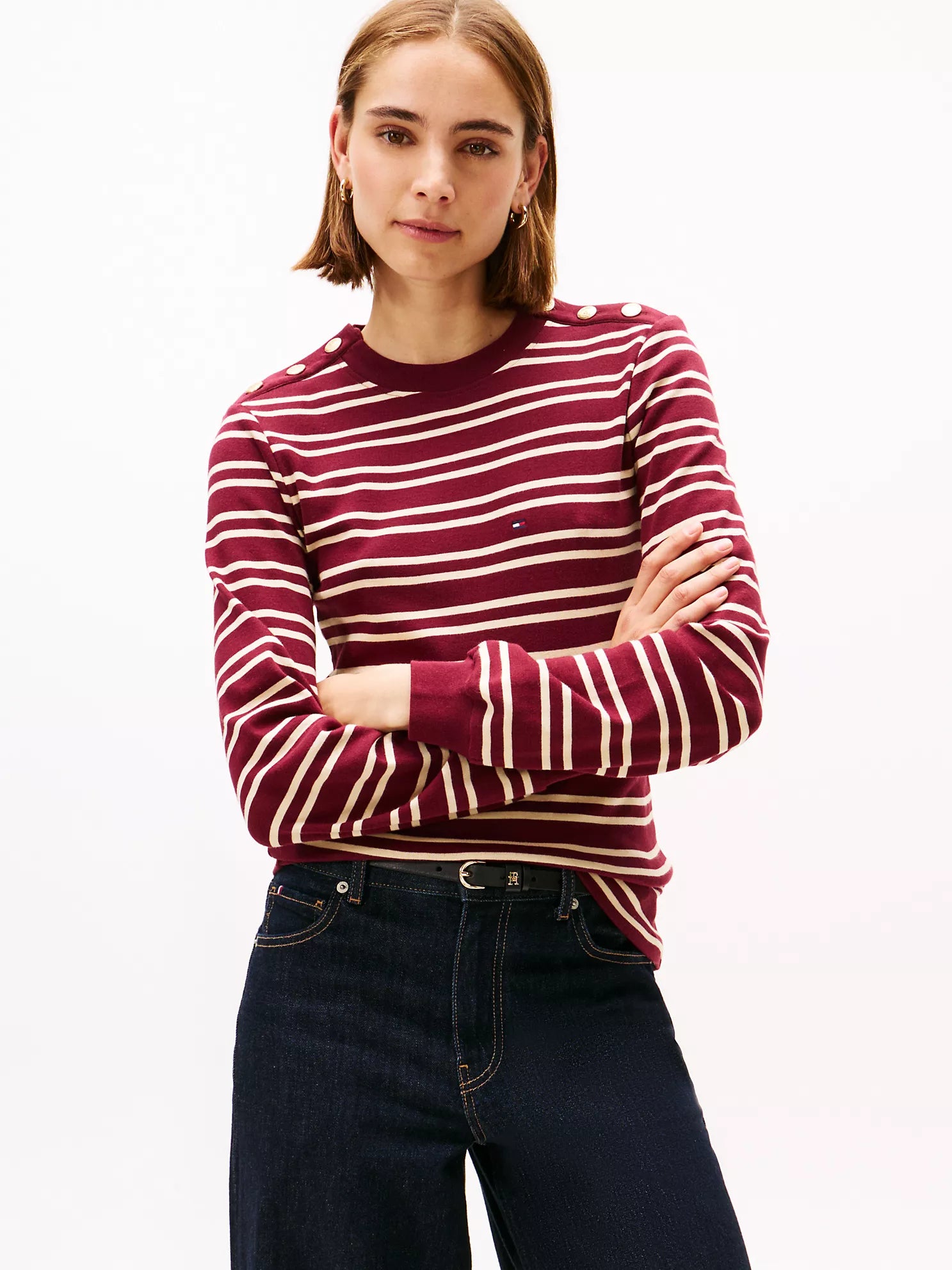 Womens' Tommy Gold-Button Stripe Crewneck T-Shirt Burgundy