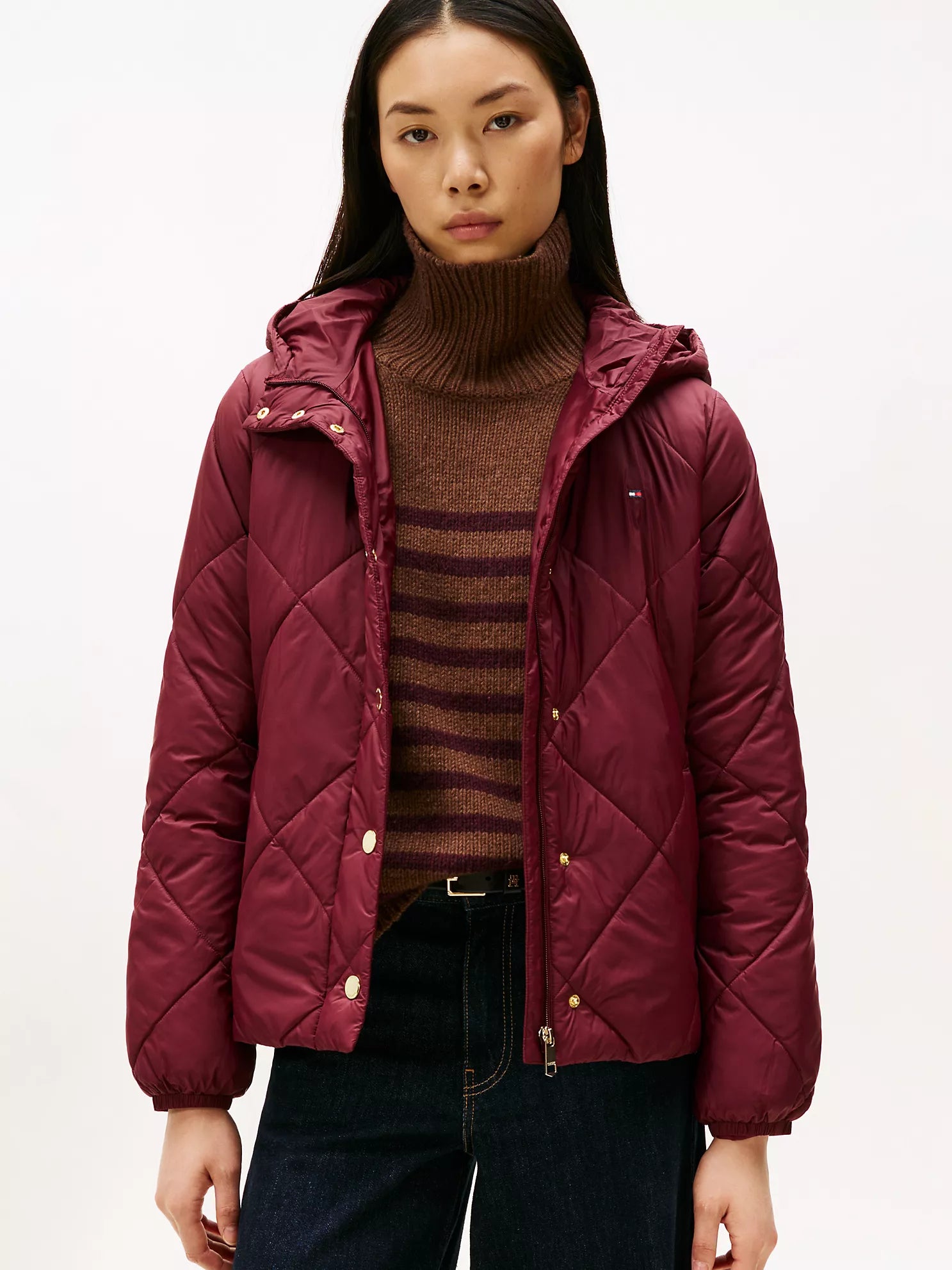 Tommy WOMENS' Hooded Padded Quilted Jacket Burgundy