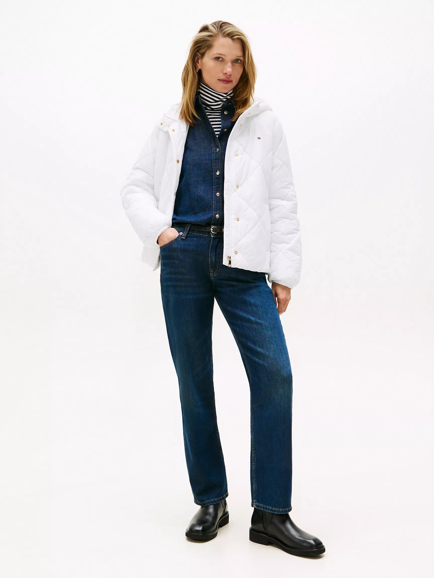 TOMMY WOMENS' Lightweight Hooded Padded Quilted Jacket WHITE