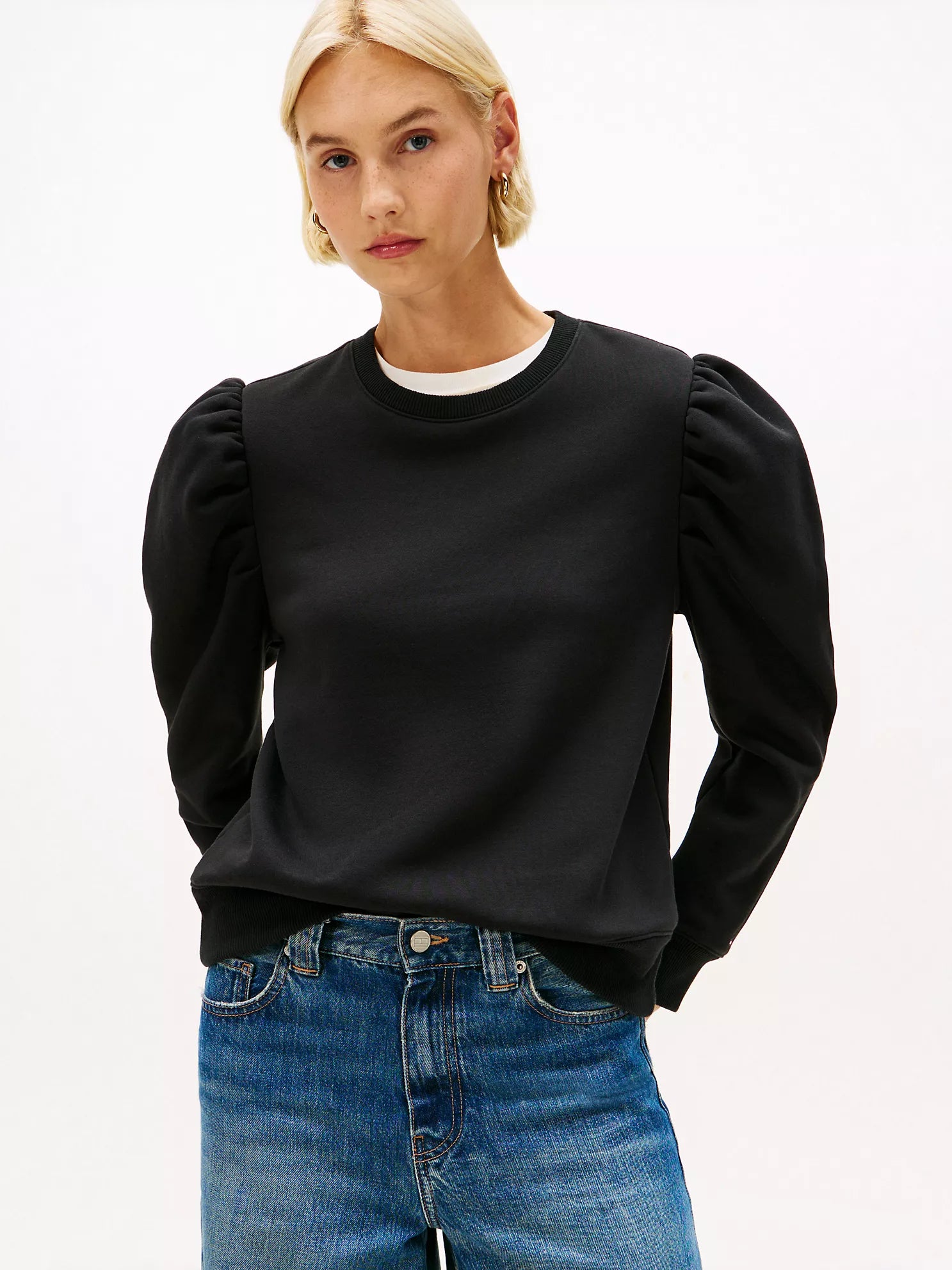 Womens' TOMMY Puff-Sleeve Fleece Sweatshirt BLACK