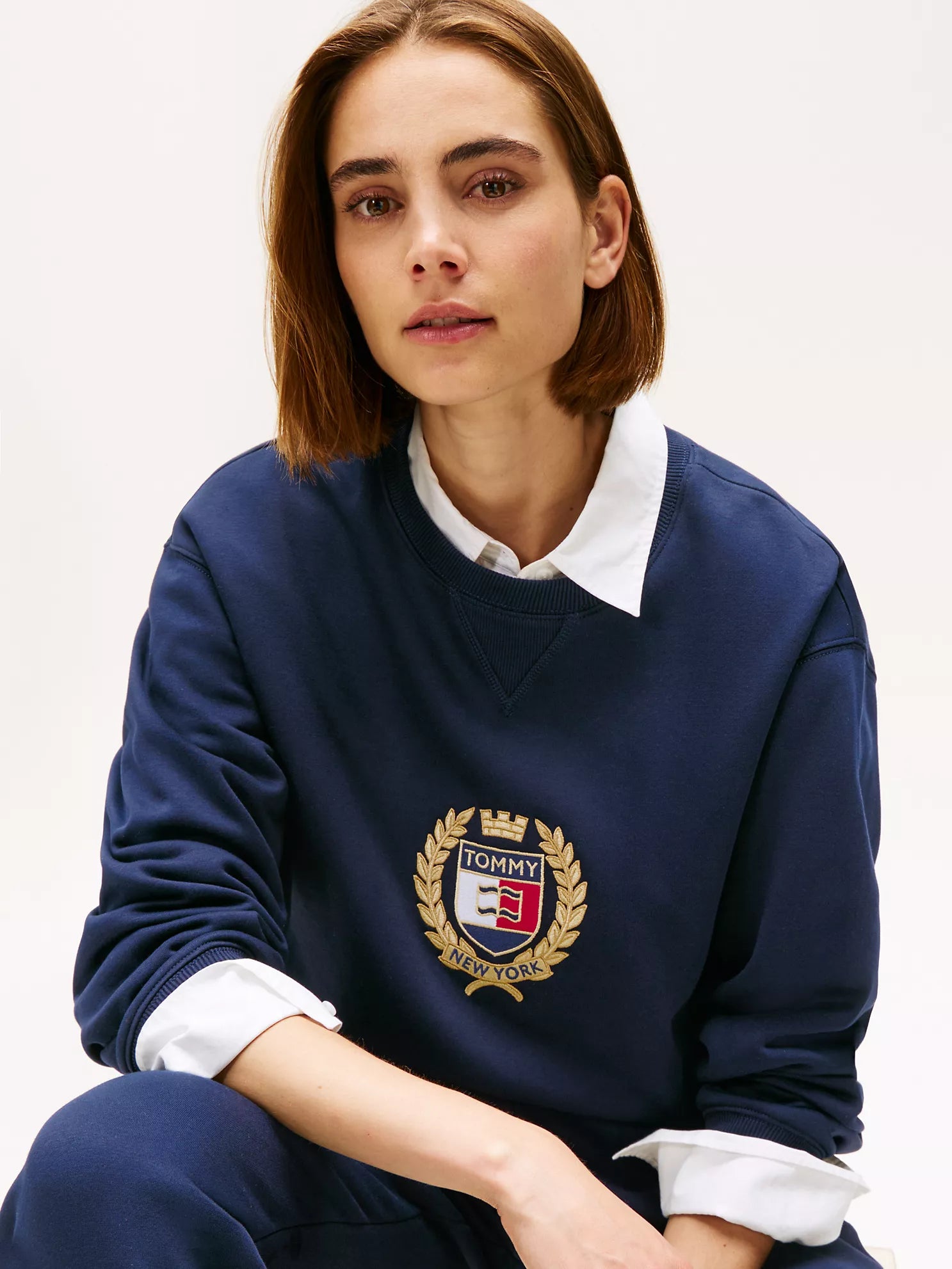 Tommy Womens' Crest Logo Fleece Sweatshirt Navy Blue