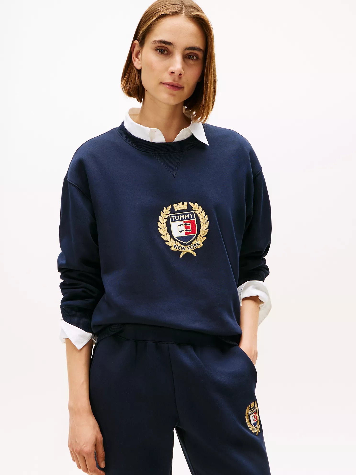 Tommy Womens' Crest Logo Fleece Sweatshirt Navy Blue