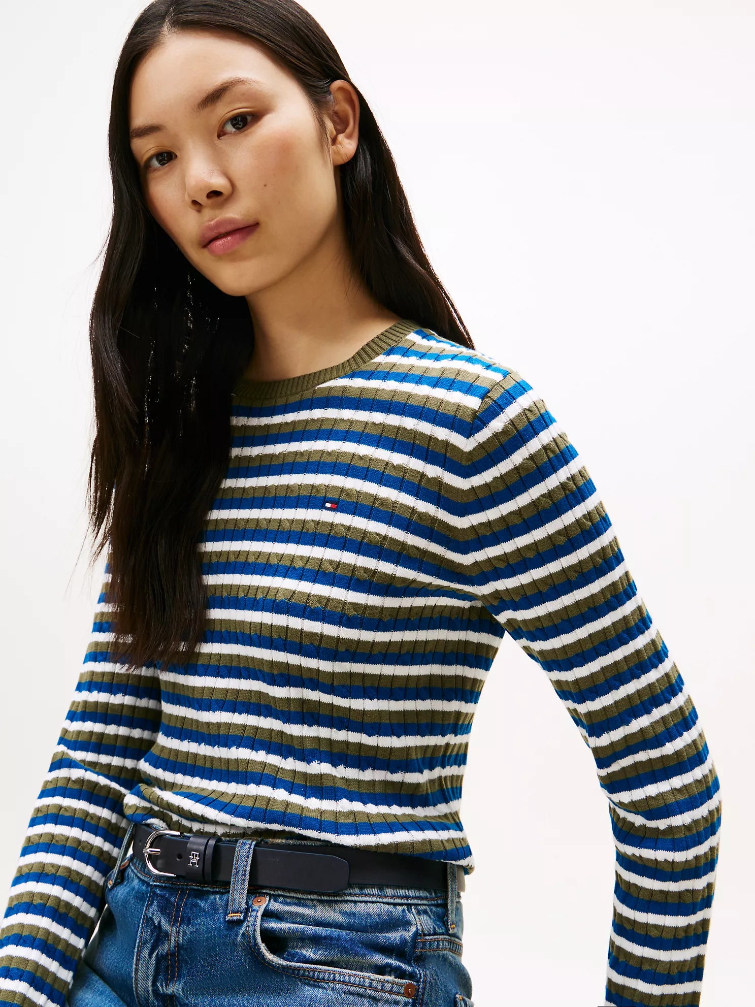 TOMMY WOMENS' Stripe Cable Knit Sweater Utility Olive